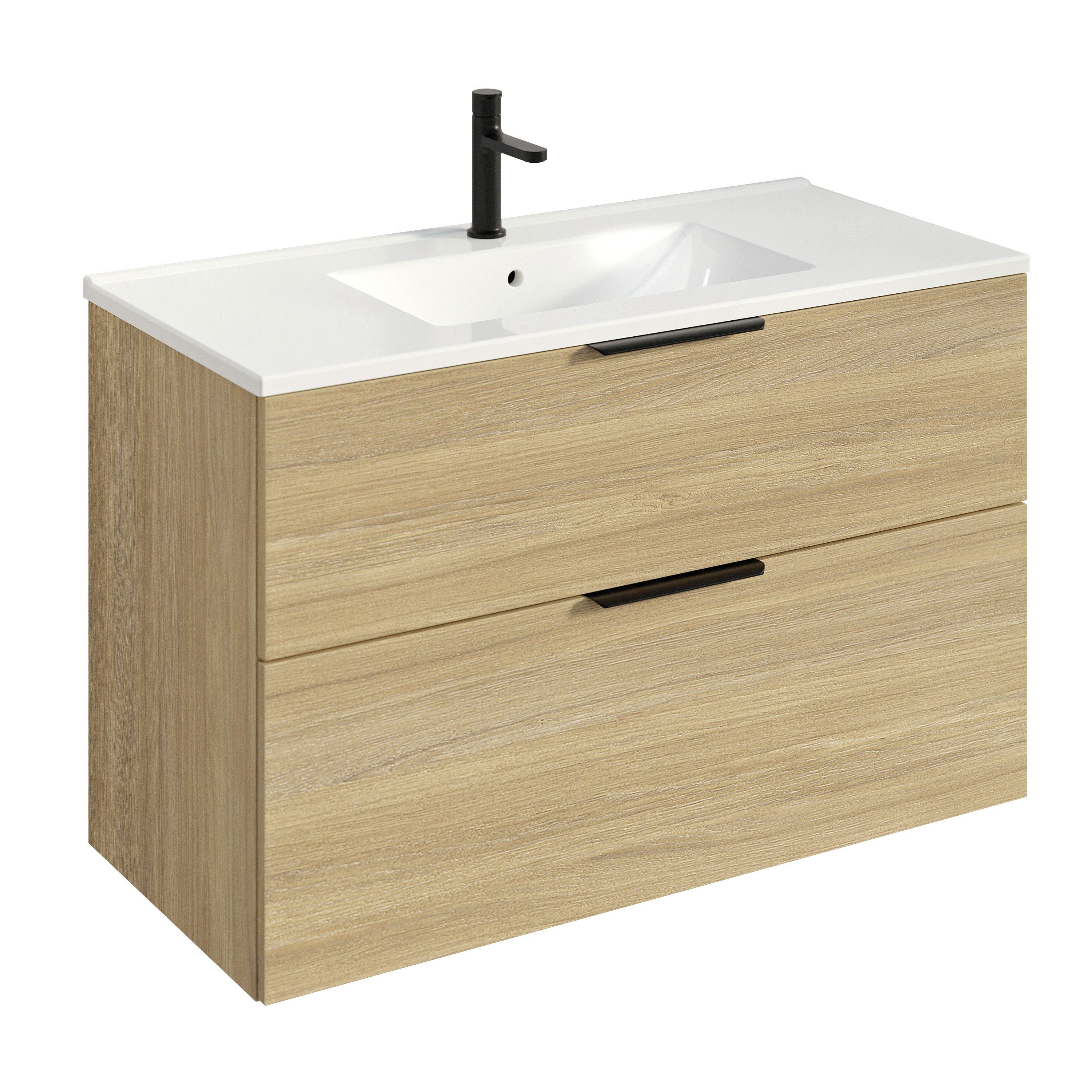 Bernstein Badmöbel-Set TIM, (Komplett-Set, Waschtischunterschrank 100cm mit Waschbecken / Hochschrank wählbar), Farbe & Griff wählbar / vormontiert / feuchtigkeitsresistent