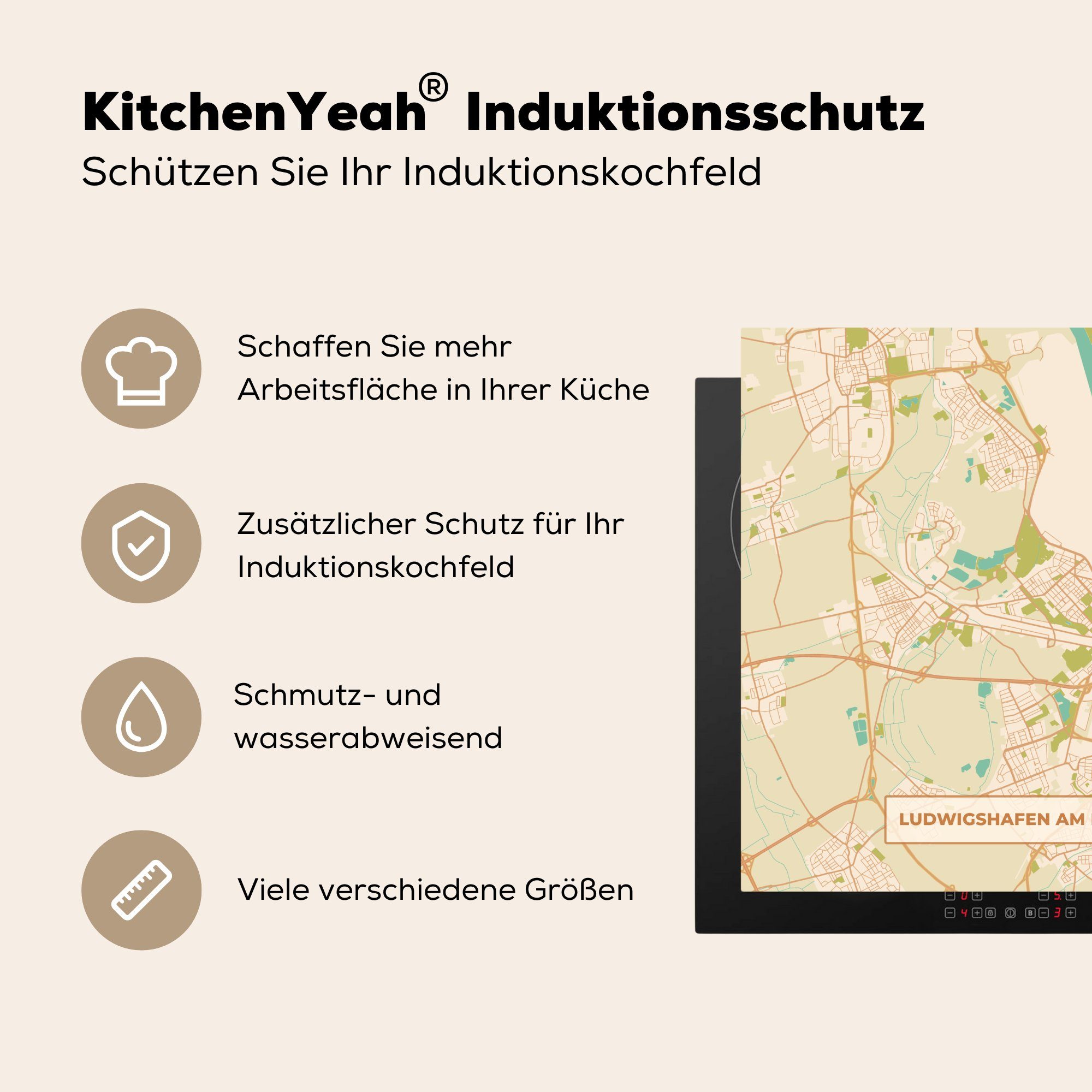 MuchoWow Herdblende-/Abdeckplatte Ludwigshafen tlg), Arbeitsplatte Karte, Ceranfeldabdeckung, für Jahrgang 78x78 - - cm, am küche - Stadtplan (1 Vinyl, Rhein