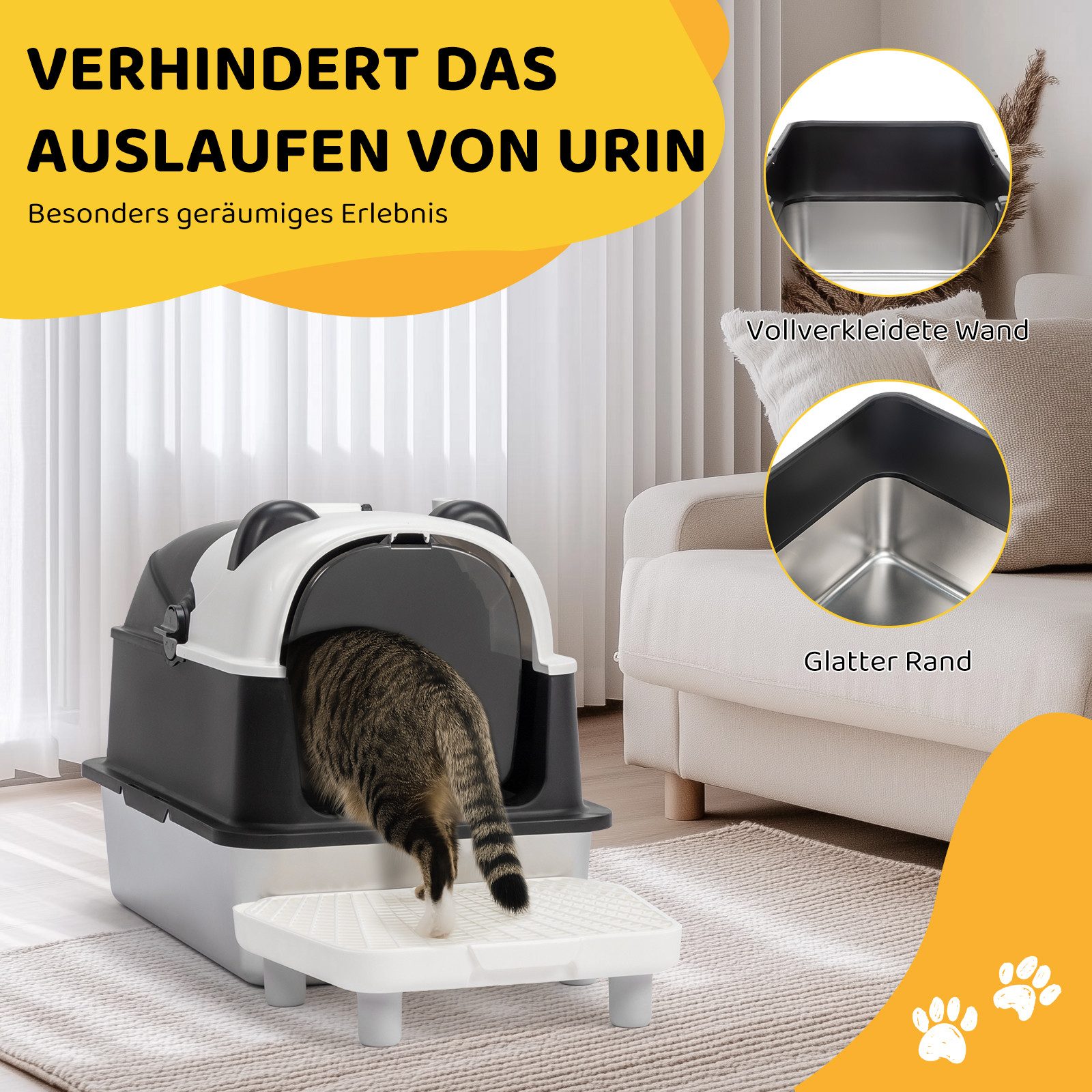 LALAHO Katzentoilette Katzenklo Edelstahl mit Pedal und Spaten, 60 x 40 x 46CM, Geschlossen Katzentoilette Panda-Form,für Katzen