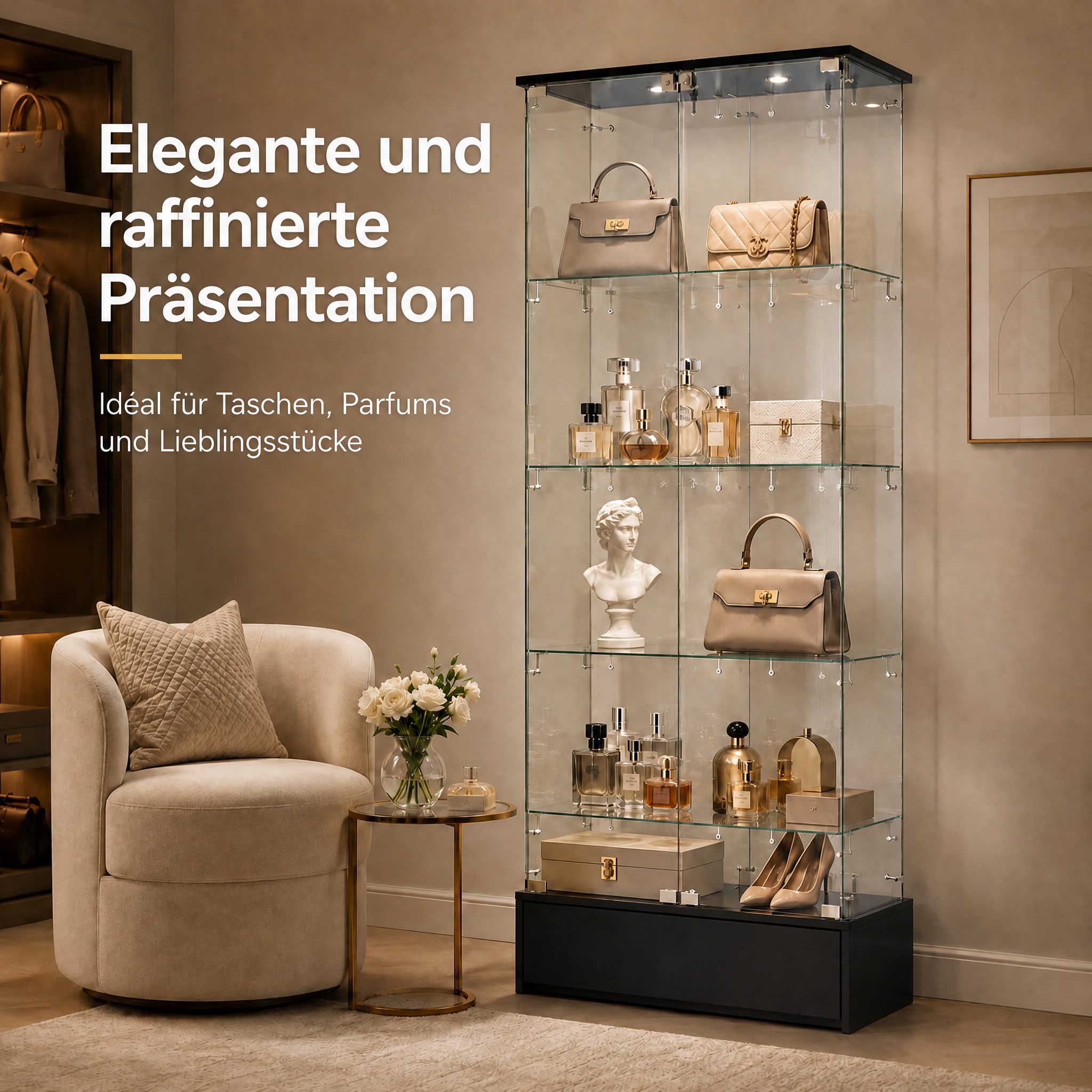 FUFU&GAGA Glasvitrine LED Sammlervitrine 175-200cm hoch, Push-to-Open, Weiß/Schwarz – Bild 4 von 5