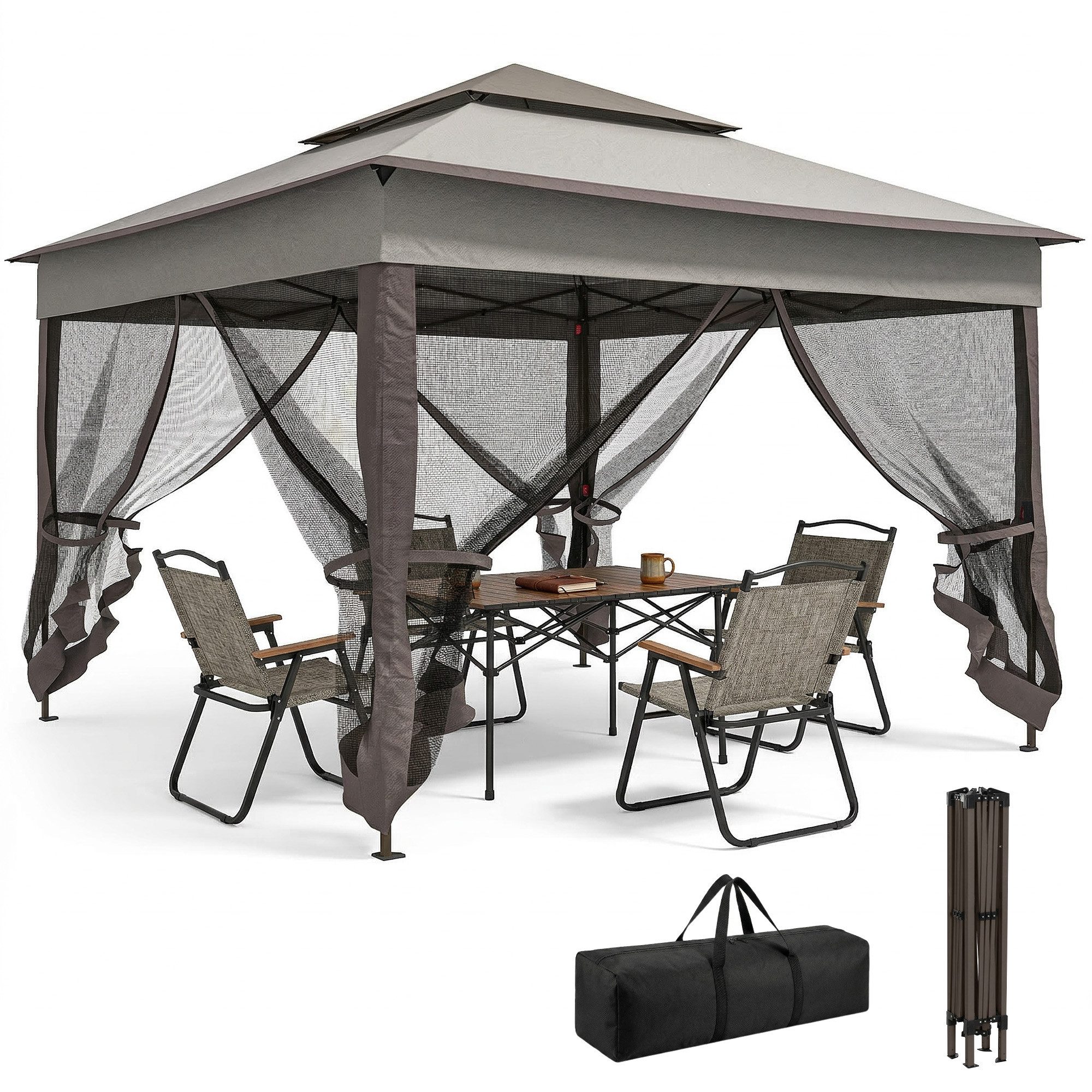 Outsunny Faltpavillon Gartenzelt mit Seitenwänden Pop-up-Zelt mit Transporttasche, mit 4 Seitenteilen, (Gartenpavillon, Pavillon), Hellgrau 3,25 x 3,25 x 2,7 m