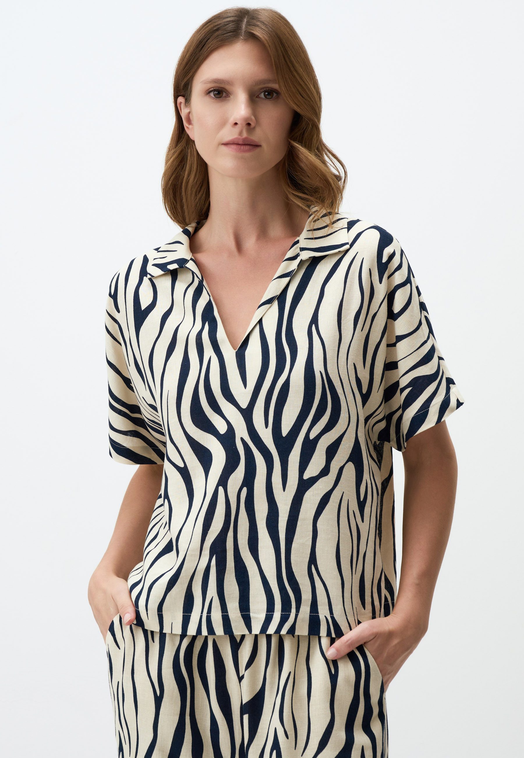 Shirtbluse Marineblau Zebra Druck Hemd