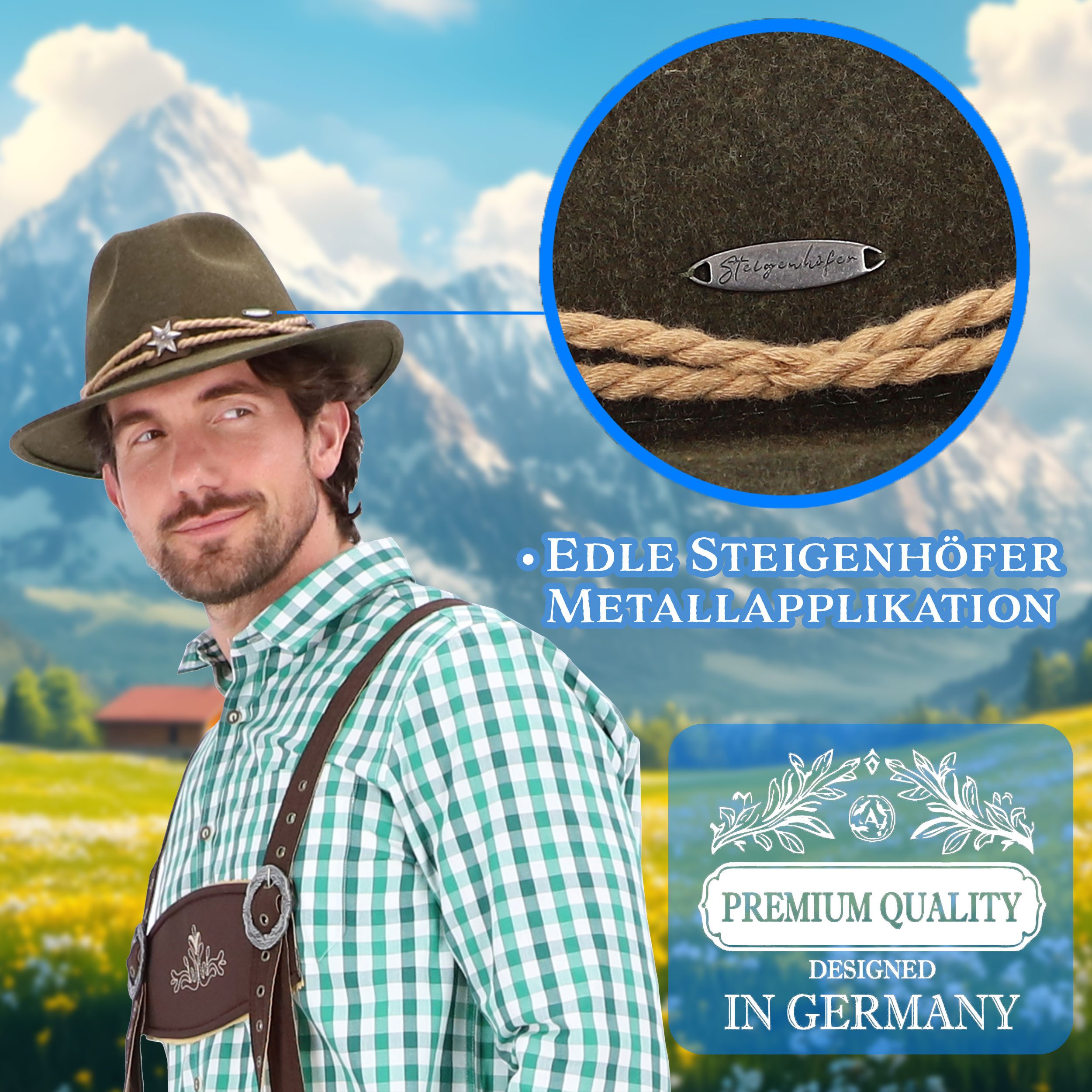 Steigenhöfer Manufaktur Trachtenhut Herren Georg - bayrischer Wanderhut Tiroler Art aus 100% Schurwolle Größenverstellbar und integriertes Schweißband, Ideal fü – Bild 4 von 5