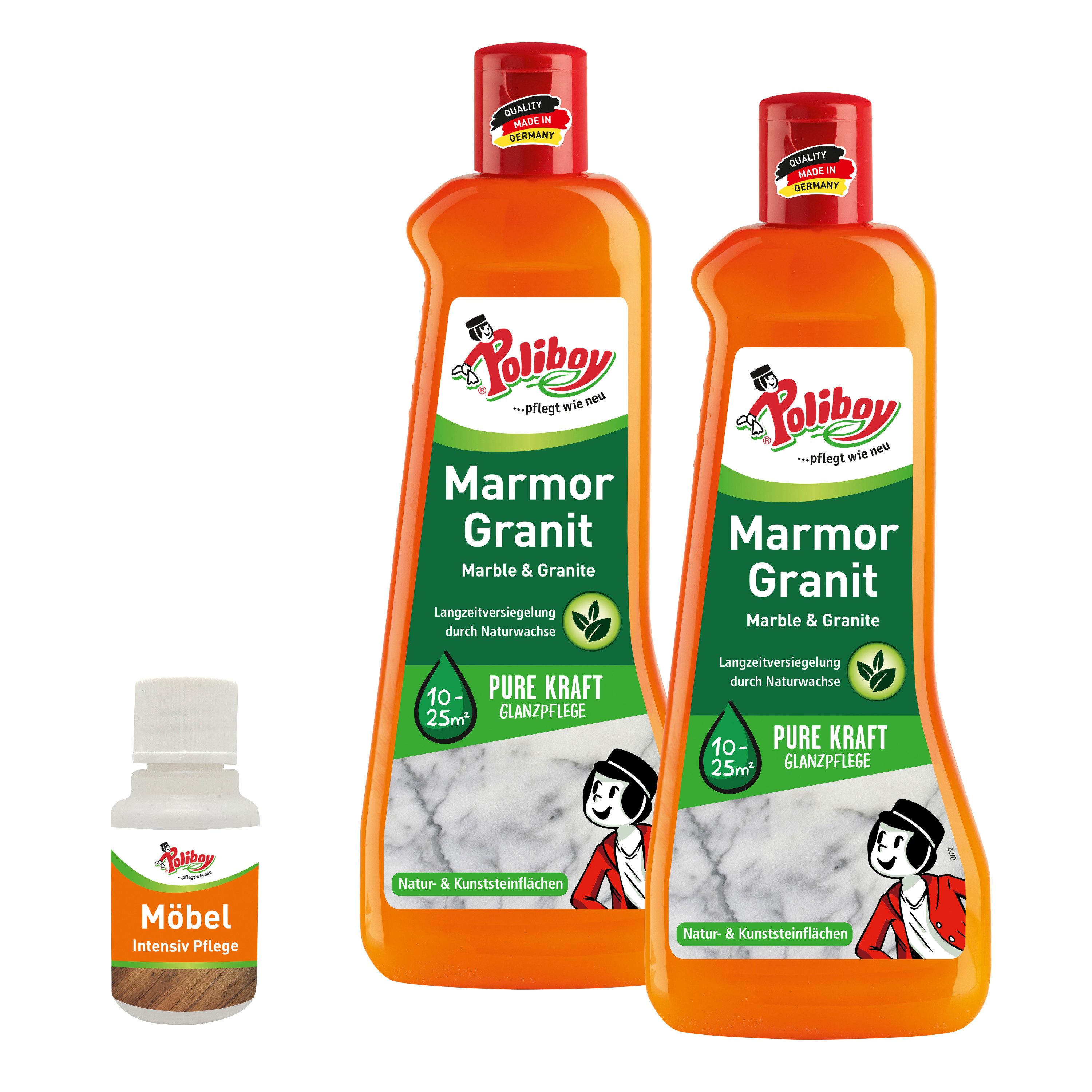 poliboy Marmor Granit Pflege - 2x500ml - Inklusive Möbel Probe Steinbodenreiniger (optimale Pflege und langanhaltenden Schutz - Made in Germany)