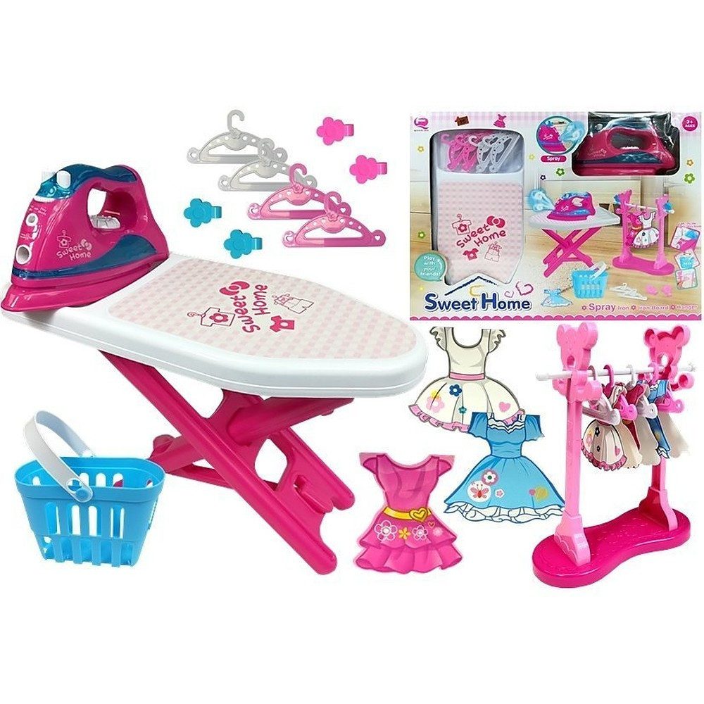 LEAN TOYS Bügelbrett Bügelset Kinderbügelstation Haushaltsspielzeug, Bügelfläche 40.0x20.0 cm, klappbar, Sprühfunktion, Geräusche, Zubehörset