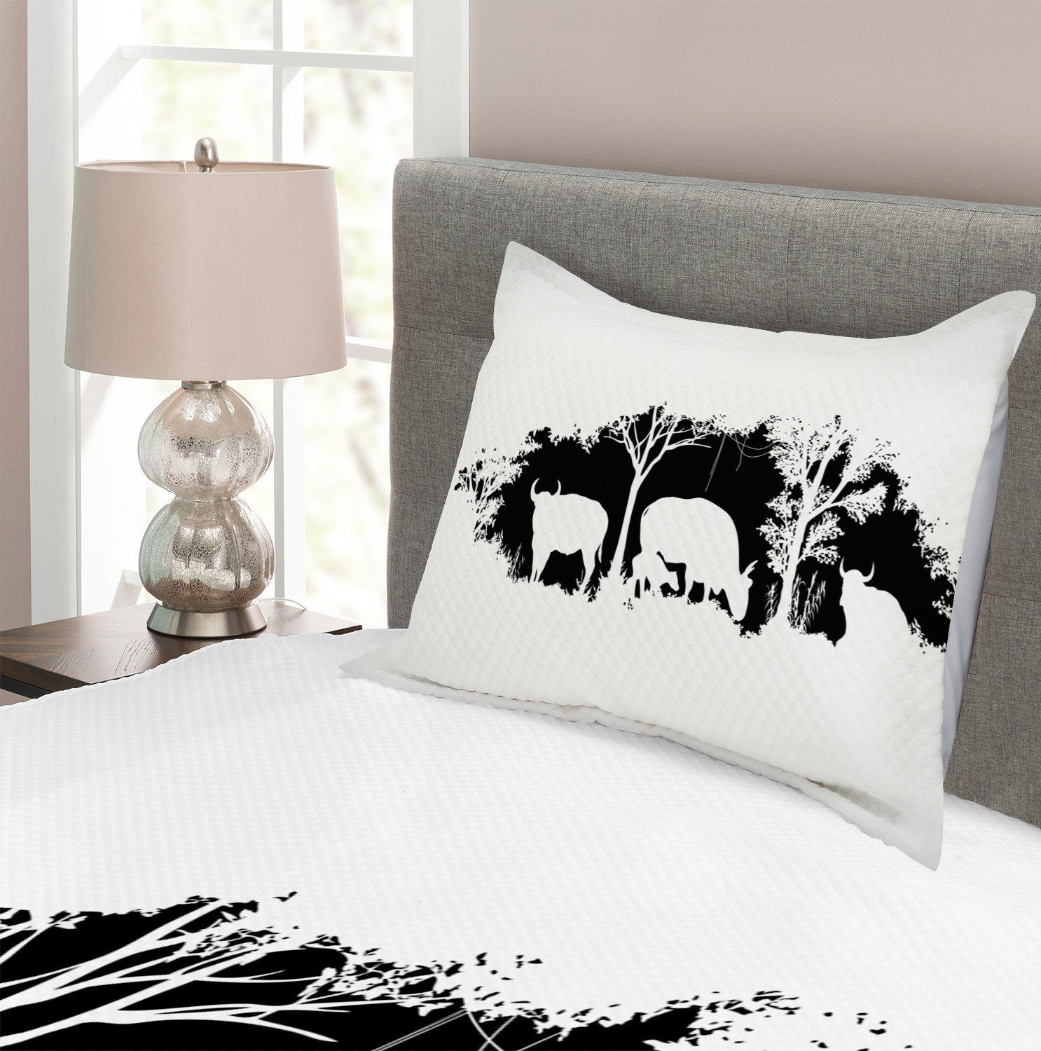 Zeichnung Bison Waschbar, Set mit Kissenbezügen Tagesdecke Büffel Abakuhaus, Wald