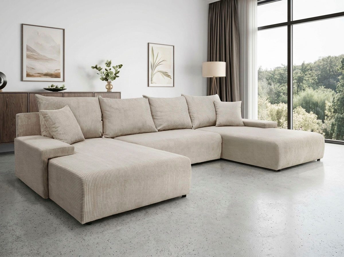 WERK2 Wohnlandschaft Amalfi, B/T: 348/188 cm, in Cord mit Schlaffunktion & Bettkasten, modernes XXL Design, U-Form