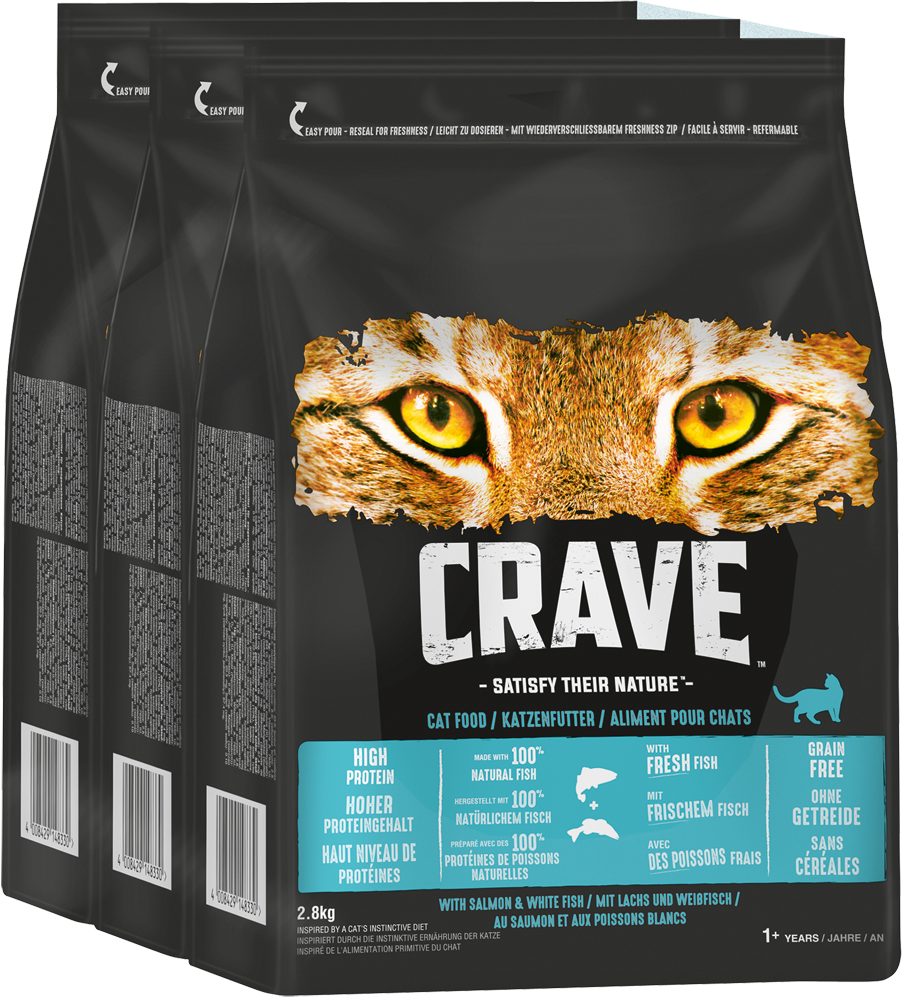 CRAVE CRAVE™ Katze Beutel mit Lachs und Weißfisch 3 x 2,8kg, Trockenfutter für: Katze