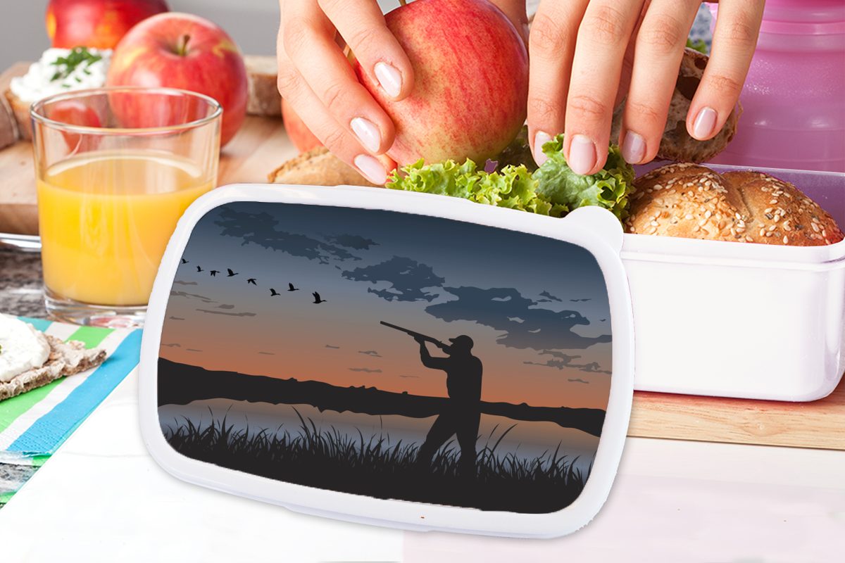 MuchoWow Lunchbox Kunststoff, Illustration Brotdose, für Entenjägers Eine bei weiß eines und und Kinder Mädchen Sonnenuntergang, (2-tlg), Jungs für Brotbox Erwachsene