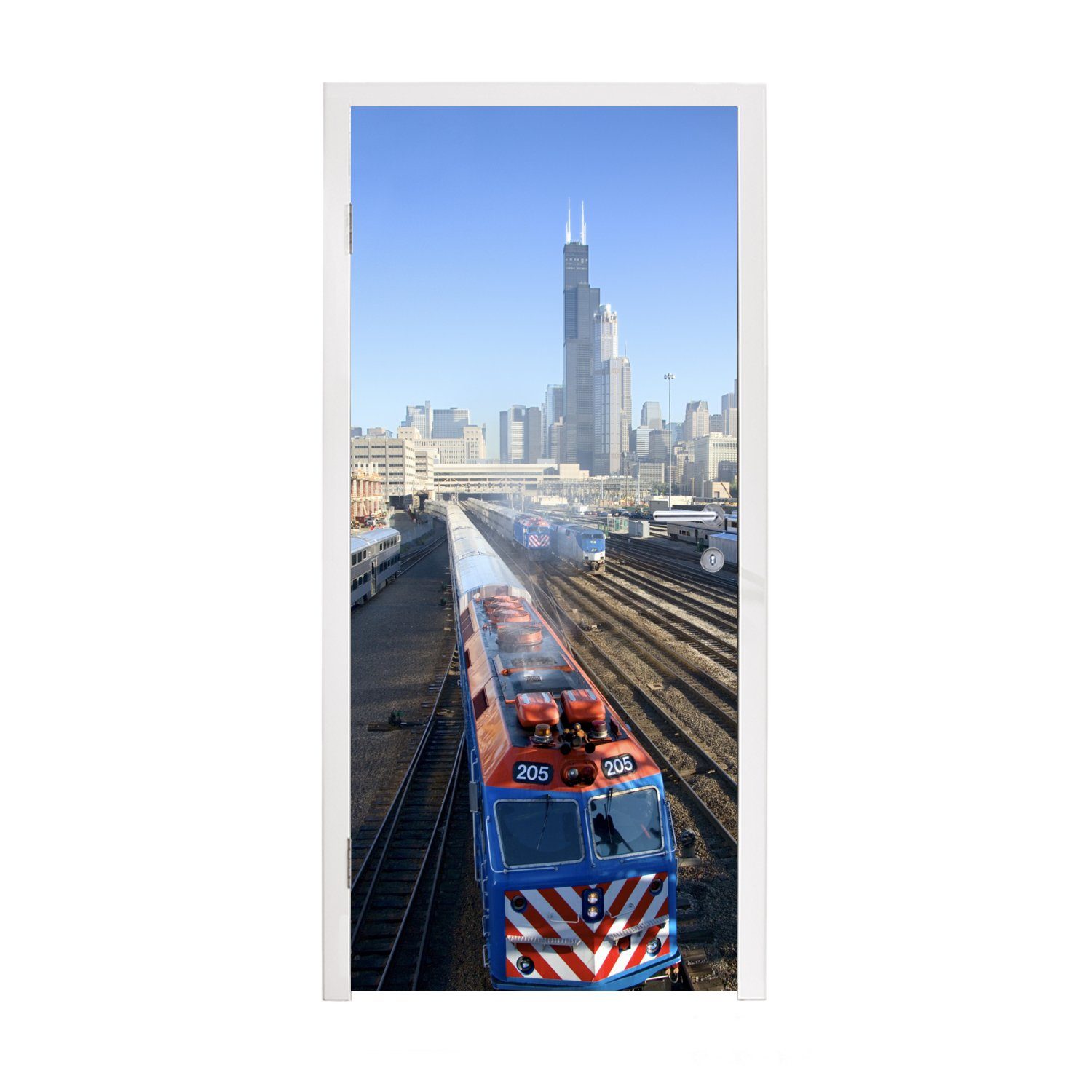 MuchoWow Türtapete Züge in Chicago mit dem Willis Tower im Hintergrund, Matt, bedruckt, (1 St), Fototapete für Tür, Türaufkleber, 75x205 cm