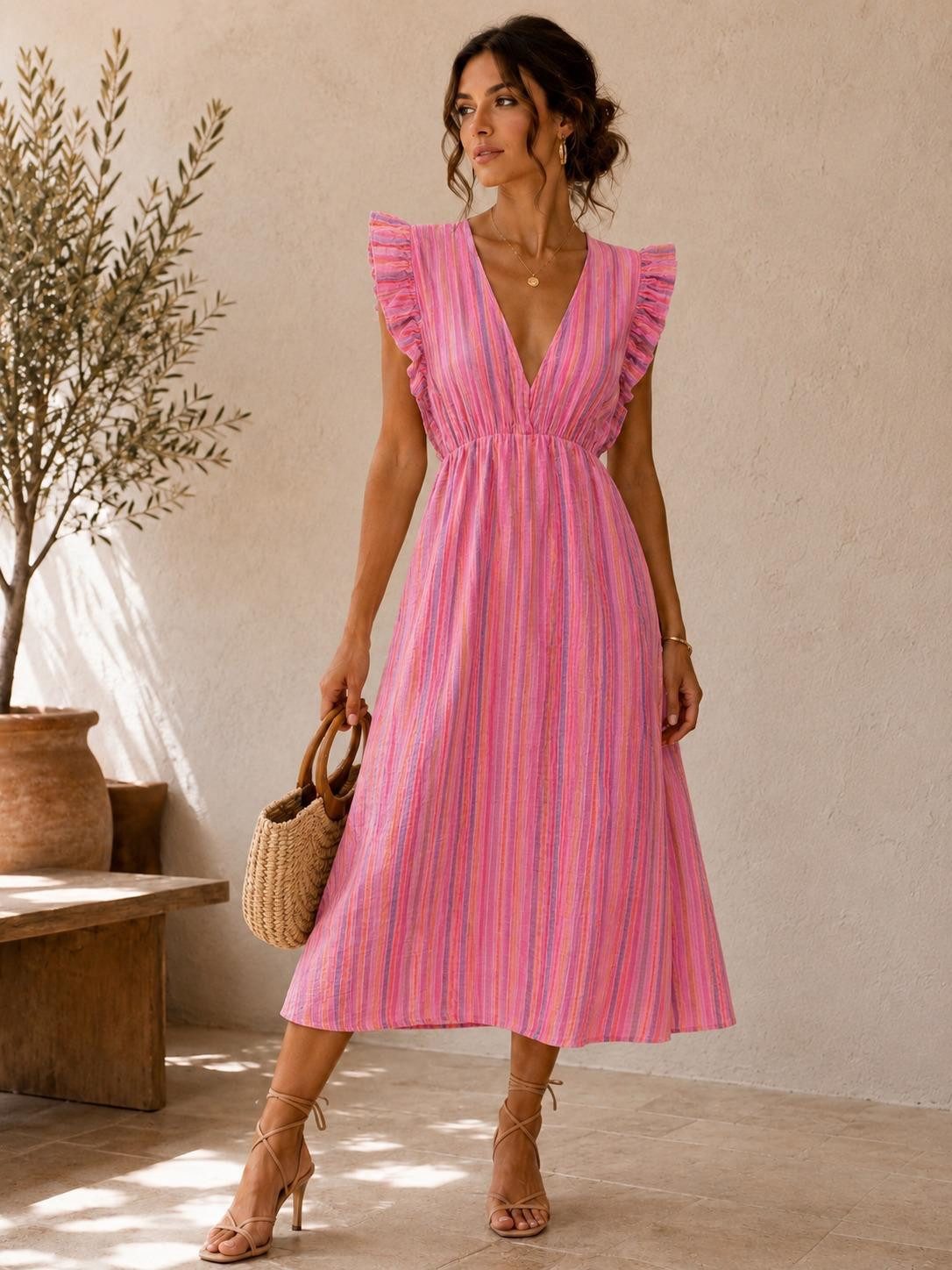 Worldclassca Sommerkleid Worldclassca Musselin Sommerkleid Streifen Lang Gestreift Strand Dress Neue Kollektion - Stilvolle und gemütliche Sommer Mode für Damen
