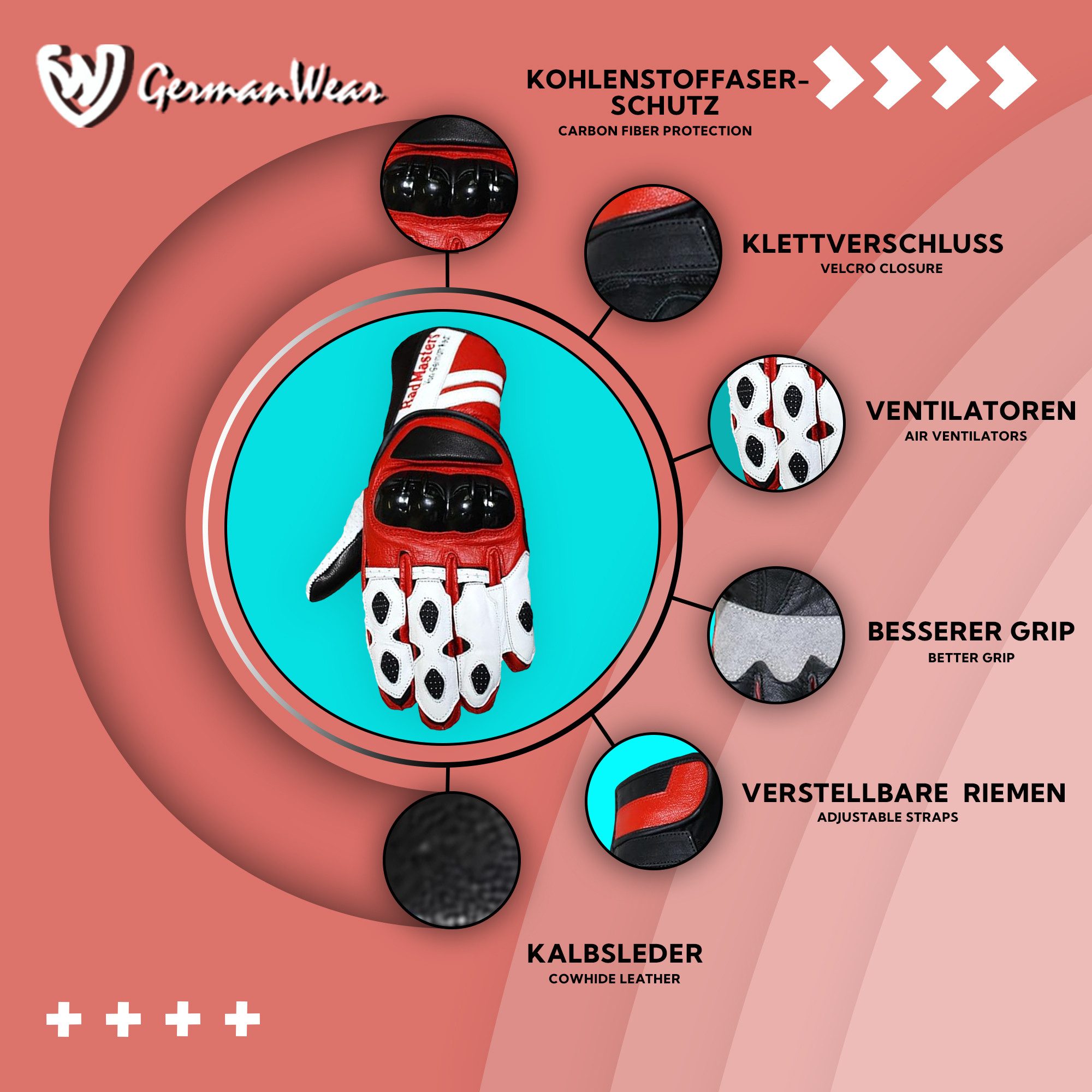 German Wear Motorradhandschuhe GW409G Lederhandschuhe Handschuhe aus Kalbsleder mit Protektoren – Bild 4 von 5