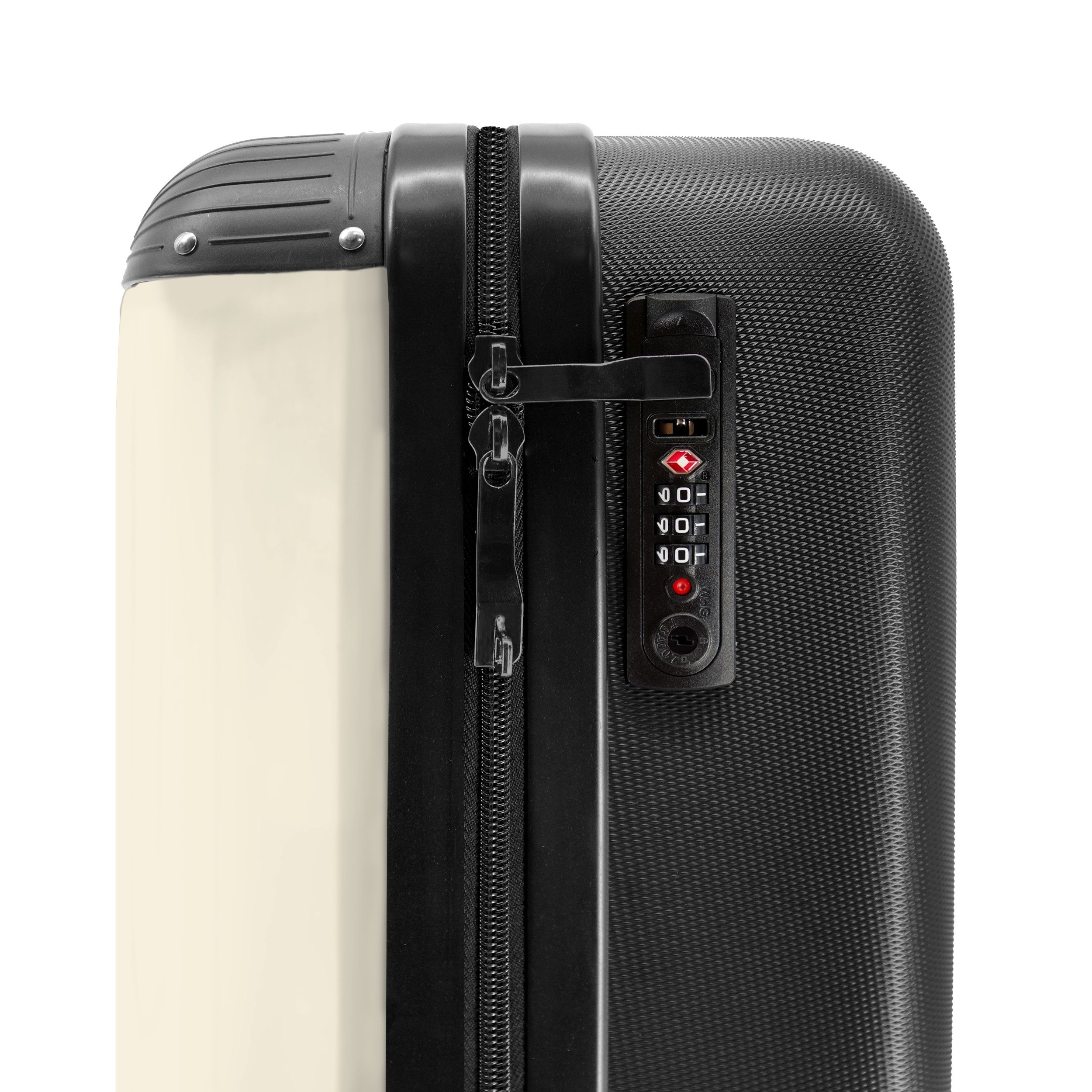 NoBoringSuitcases.com© Hartschalen-Trolley Cremefarbener Hintergrund mit zentralem dreifarbigen Streifen und Text, Reisetasche mit Rollen, Koffer Handgepäck Flu – Bild 5 von 5