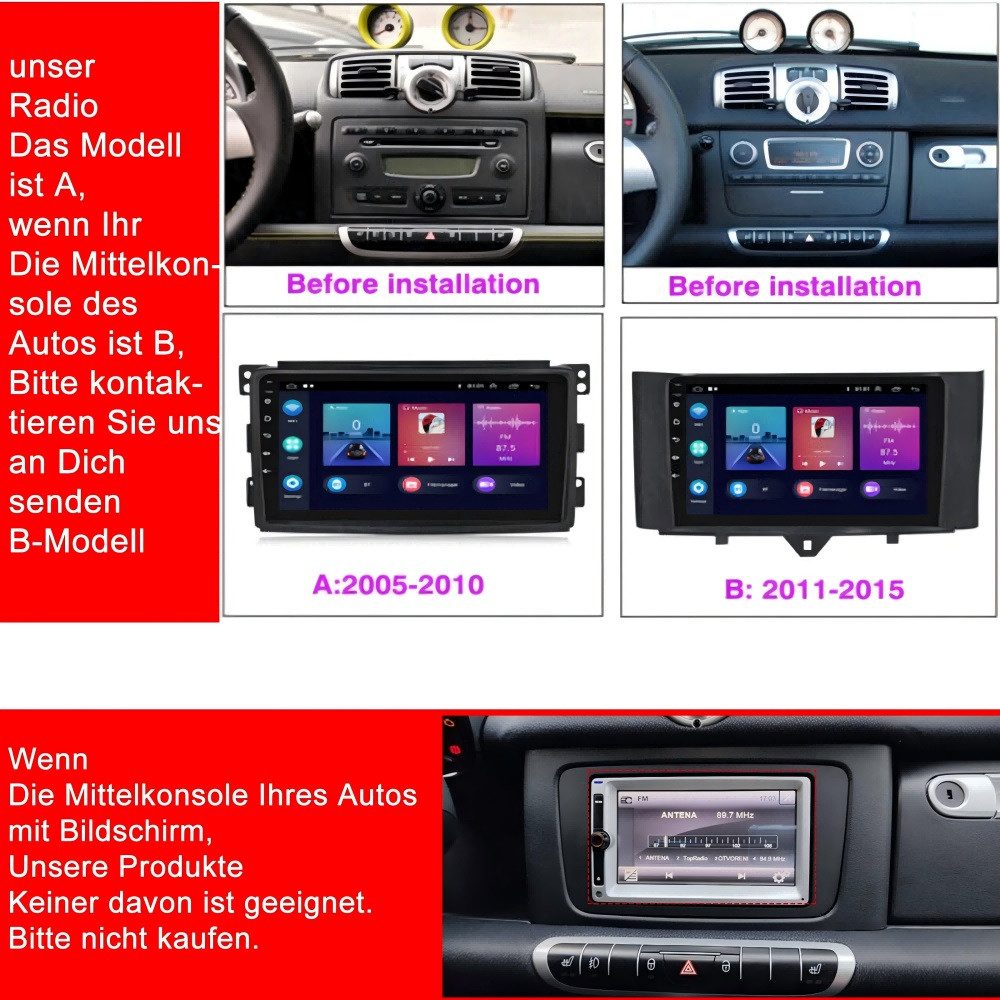 ESSGOO Für Smart Fortwo 451 2011-2015 Android 15 Navi carplay WiFi Navigationsgerät (Carplay Android Auto GPS Bluetooth FM AM RDS WIFI)