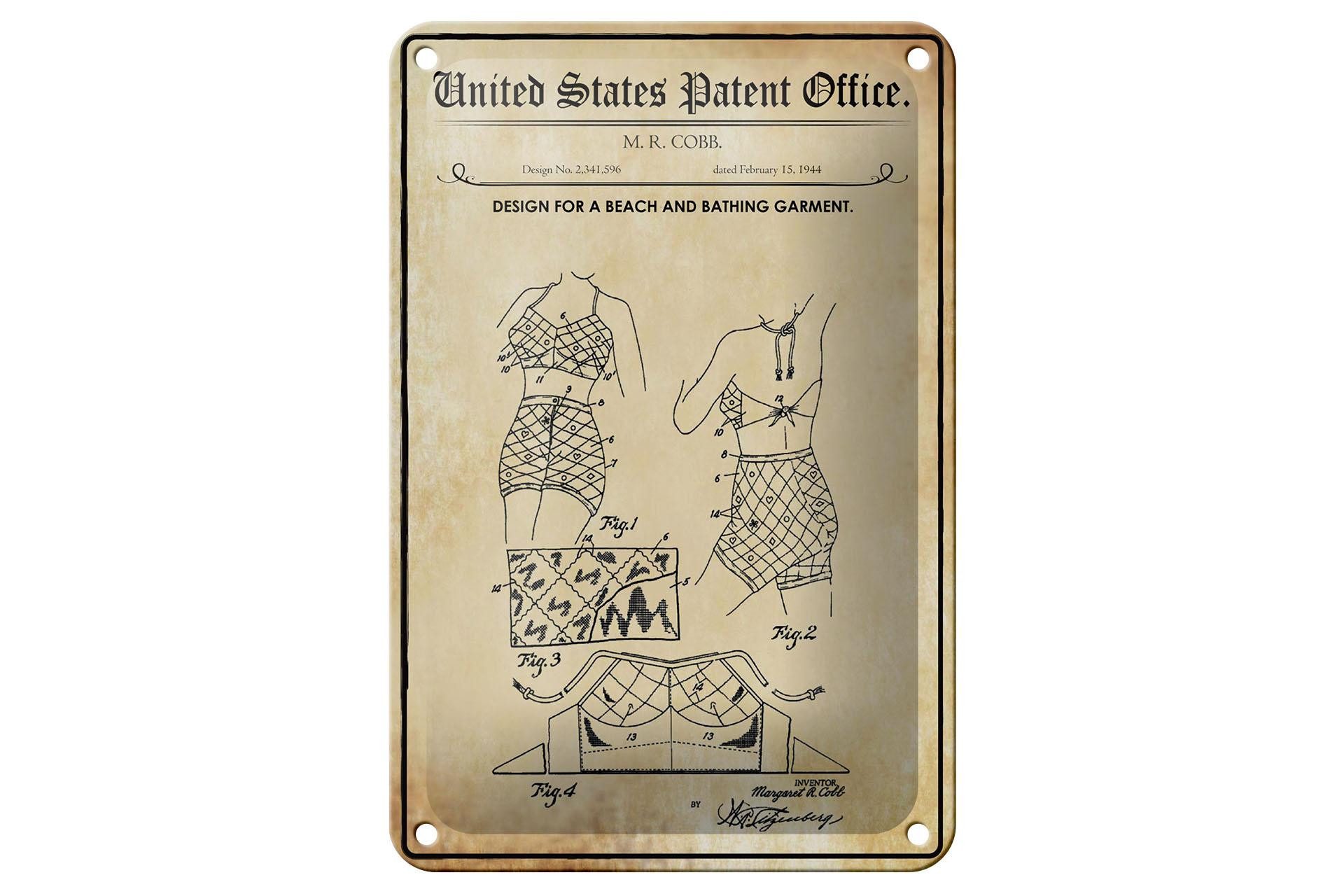 Femer GmbH Metallschild Patent 12x18 cm Entwurf für einen Damen Bikini, (1 St), gewölbte Oberfläche, abgerundete Ecken, umgeschlagene Kanten