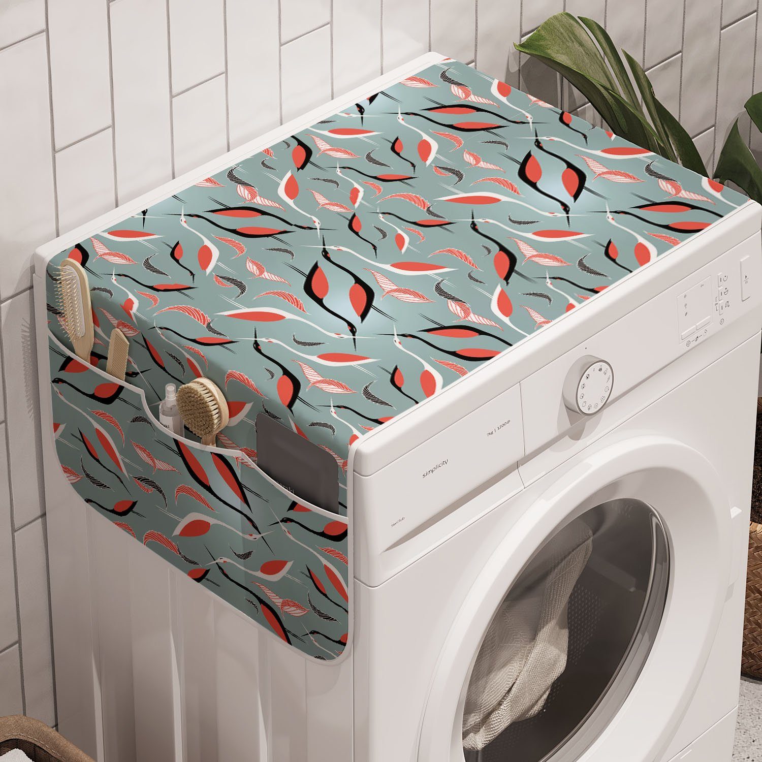 Abakuhaus Badorganizer Anti-Rutsch-Stoffabdeckung für Waschmaschine und Trockner, Reiher Abstrakte Vögel und Blätter