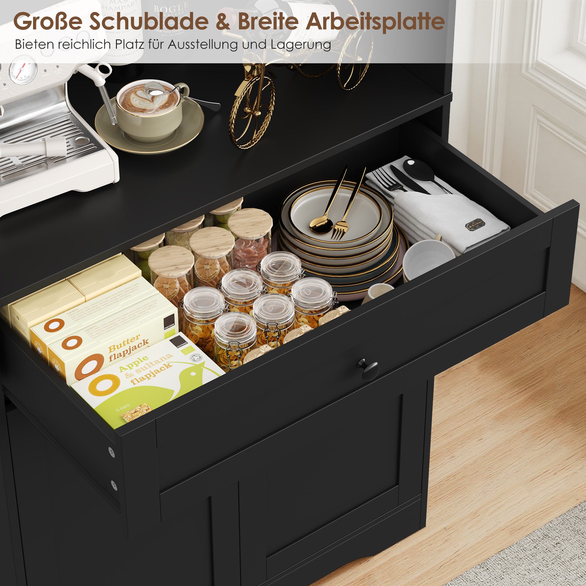 Homfa Küchenbuffet Küchenschrank Buffetschrank Vorratsschrank mit 4 Türen und Schublade, verstellbaren Einlegeböden, 75x40x180cm – Bild 5 von 5