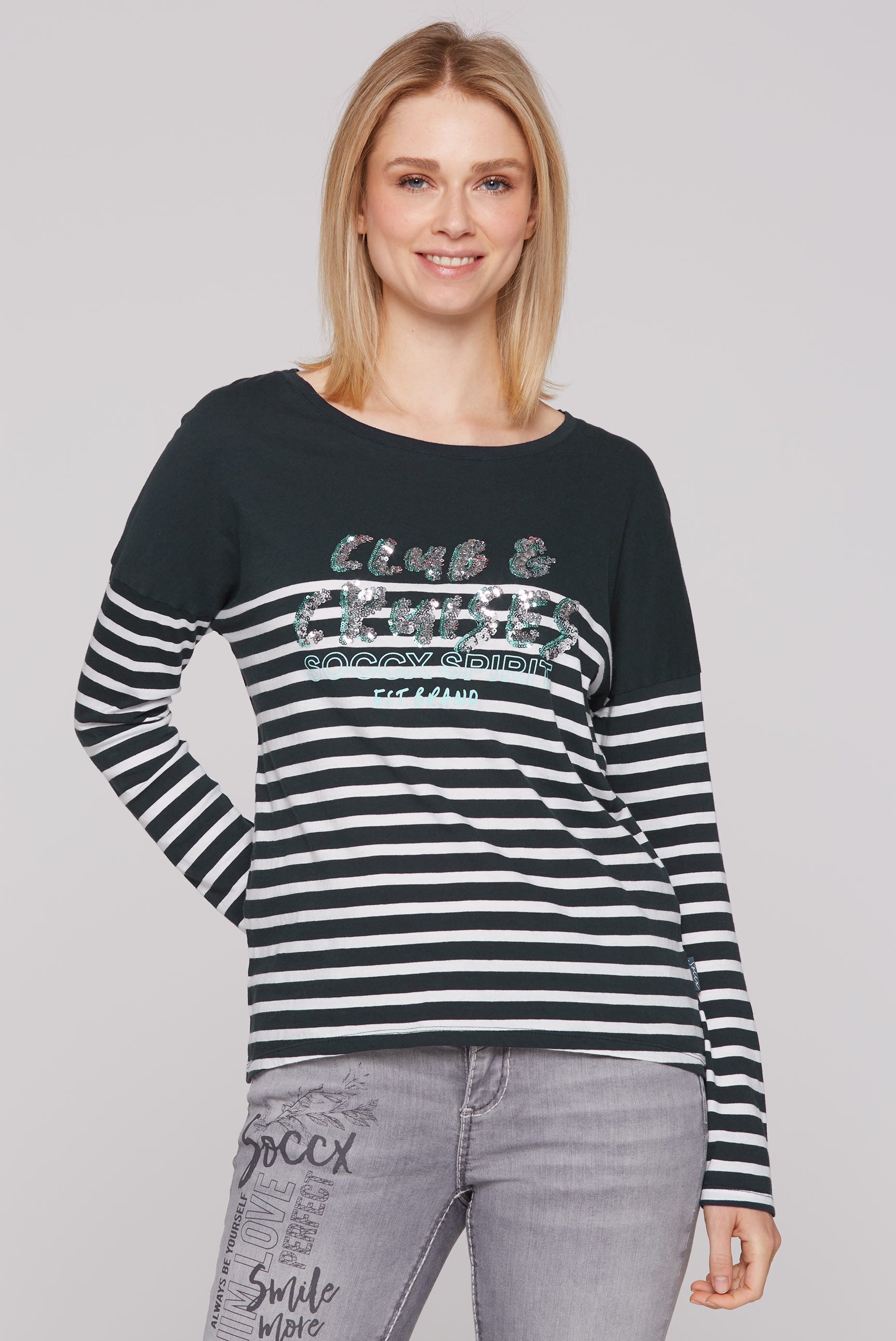 SOCCX Langarmshirt SOCCX Streifenshirt mit Pailletten-Wording günstig online kaufen