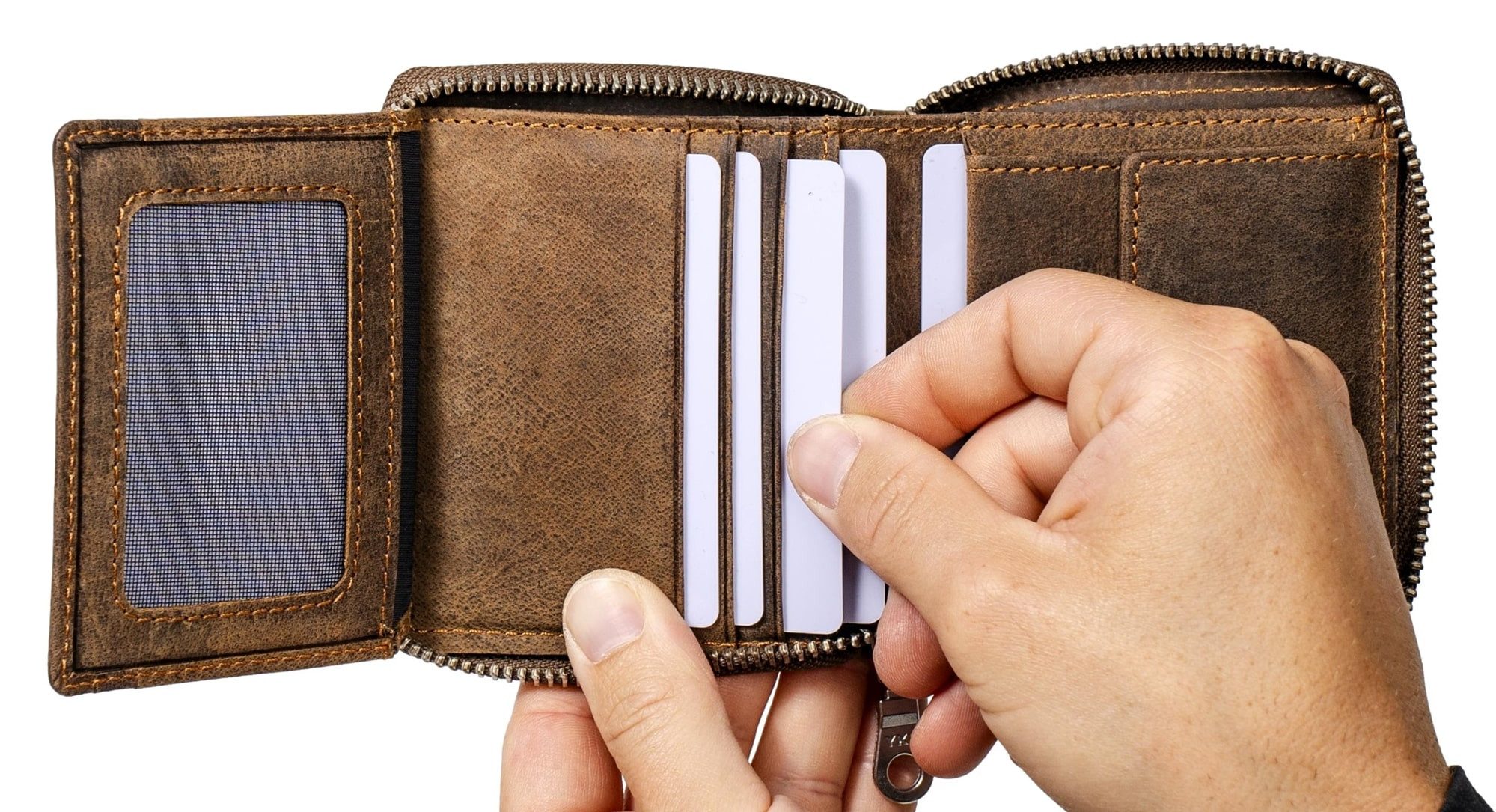 Brown Bear Geldbörse Modell Max umlaufender Reißverschluss kleineres Hochformat, mit 8 Kartenfächern und RFID Schutz Braun Vintage