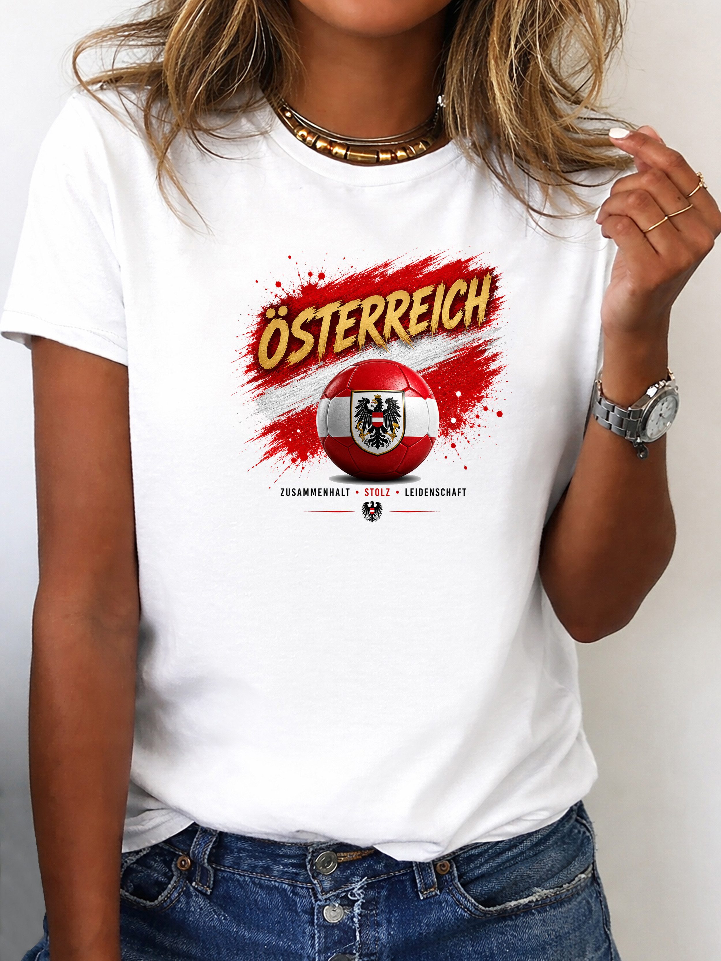 T-Shirt Damen Shirt Rundhals Fußball Österreich WM