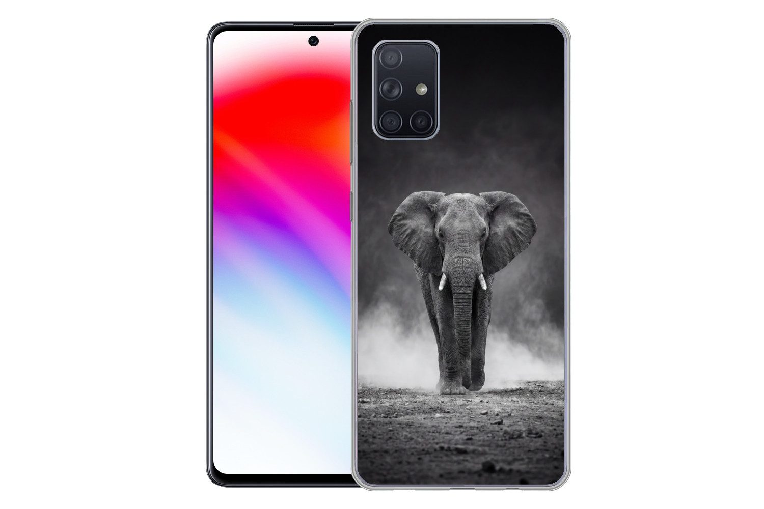 MuchoWow Handyhülle für Samsung Galaxy A51 Elefant - Schwarz - Weiß - Rauch, Smartphone-Bumper, Print, Handy Schutzhülle Dünn