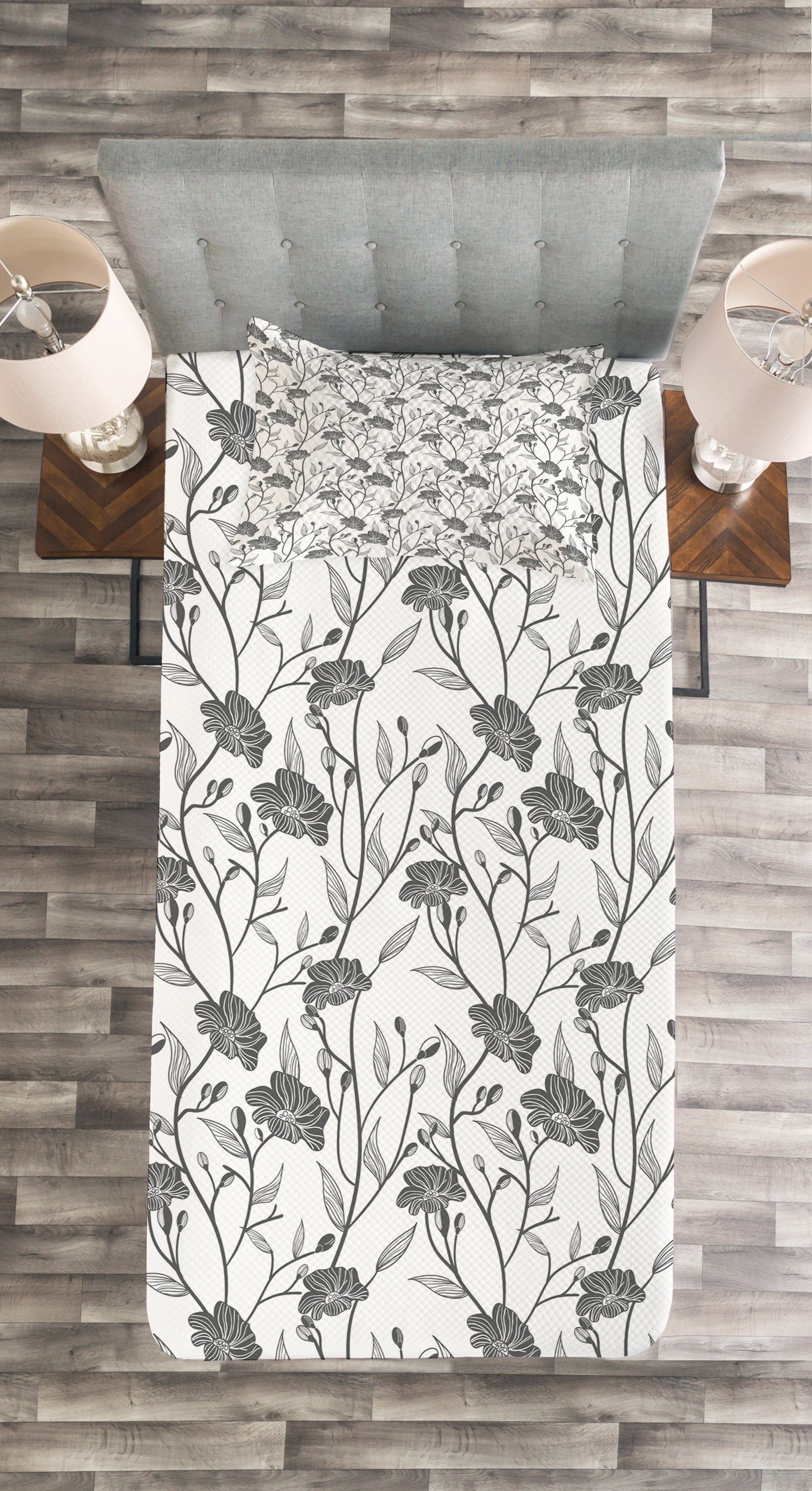 Abakuhaus, Kissenbezügen Set mit Blühende Grau Waschbar, Tagesdecke Blumen-Knospen-Kunst