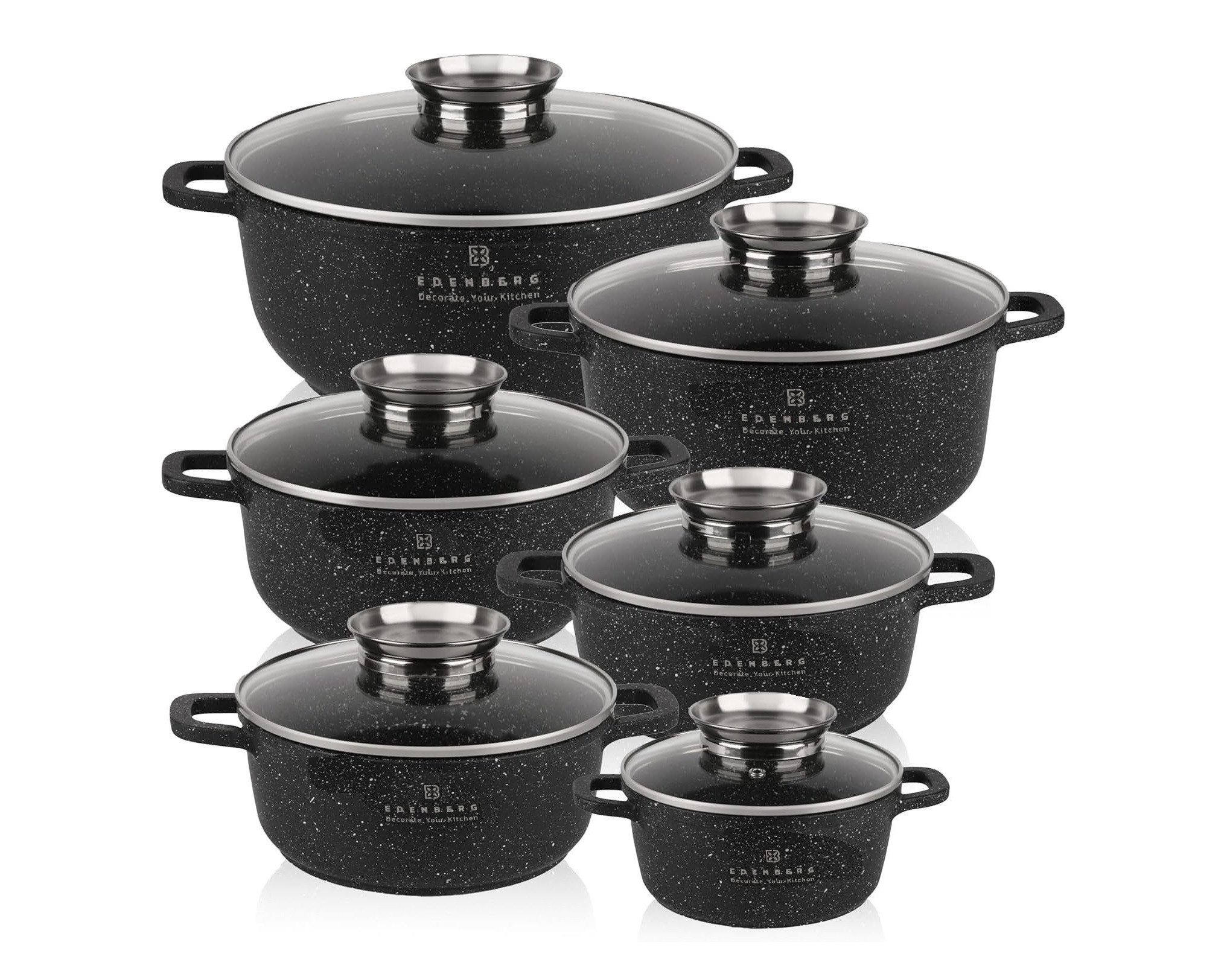 Zilner Topf-Set Schwarze Töpfe in 6 verschiedenen Größen, Steinbeschichtung, Keramik, Edelstahl, Aluminiumguss (1.3L / 2.3L / 3.2L / 4.5L / 6.8L, 12-tlg., Zeitloses Design des Topfsets. Eine ideale Geschenkidee! Hochwertig)