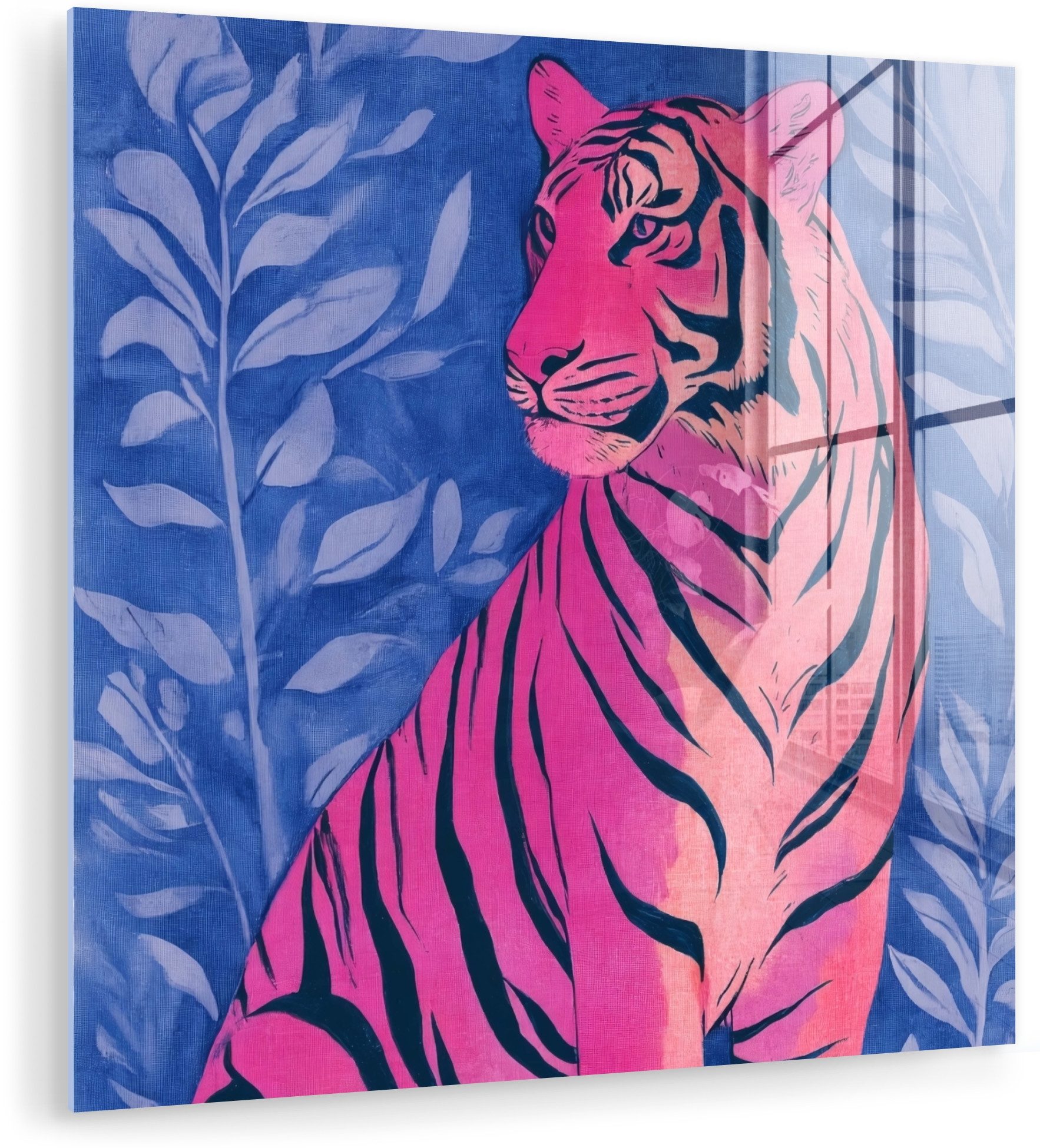 MuchoWow Acrylglasbild Tiger - Rosa - Blatt - Dschungel, Inkl. Aufhängung, Bilder auf Glas Wandbild, Wanddeko Wohnzimmer Badezimmer, 20x20 cm