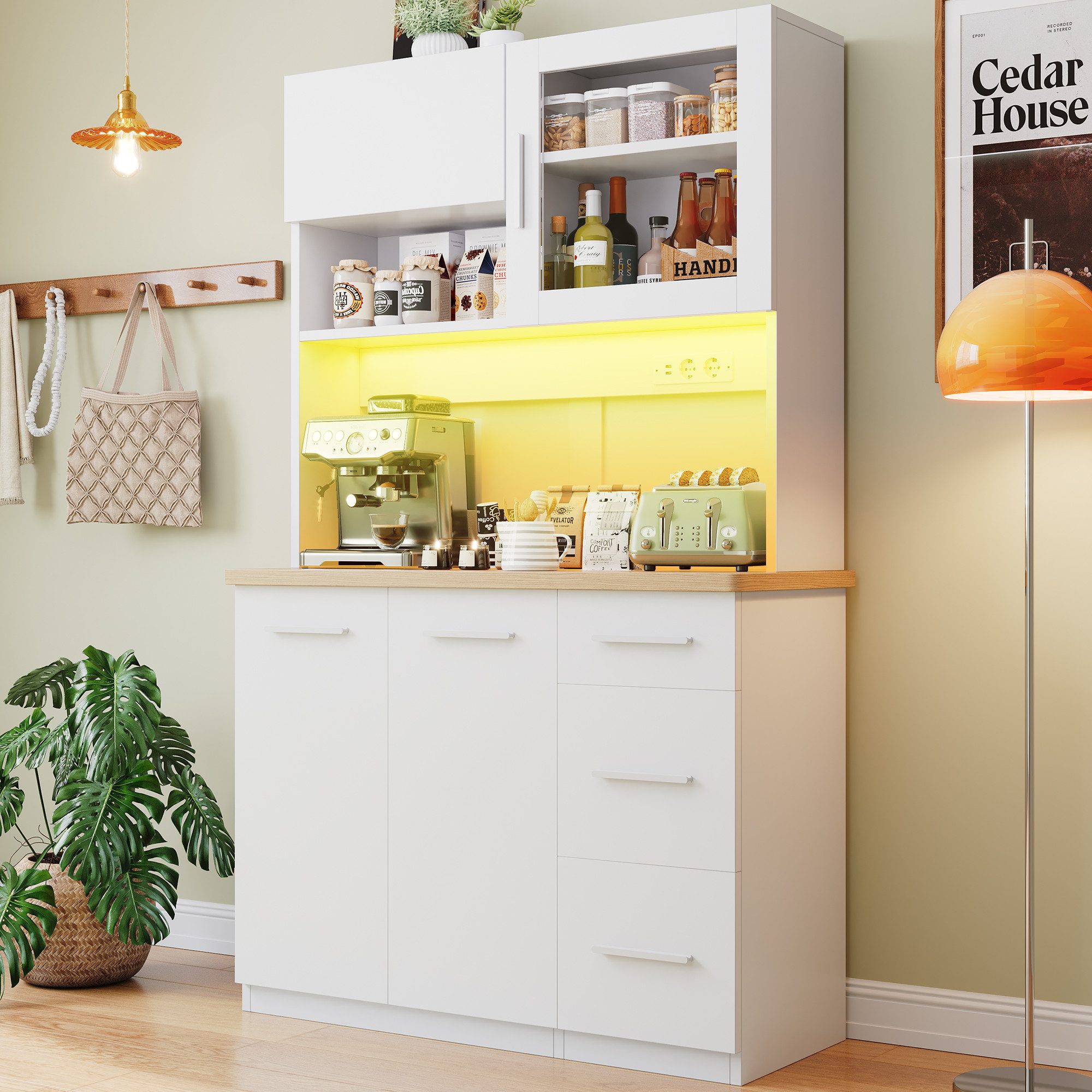 HOMALL Küchenbuffet Hohe Schränke, Küchenzeilen, Sideboards, mit LED-Beleuchtung (Maße: 100 × 40 × 182 cm, mit 3 Schubladen + 3 Schranktüren + 1 offenem Staufach und Arbeitsplatte, 2 Steckdosen + 2 USB-Anschlüssen, mit verstellbaren Einlegeböden)