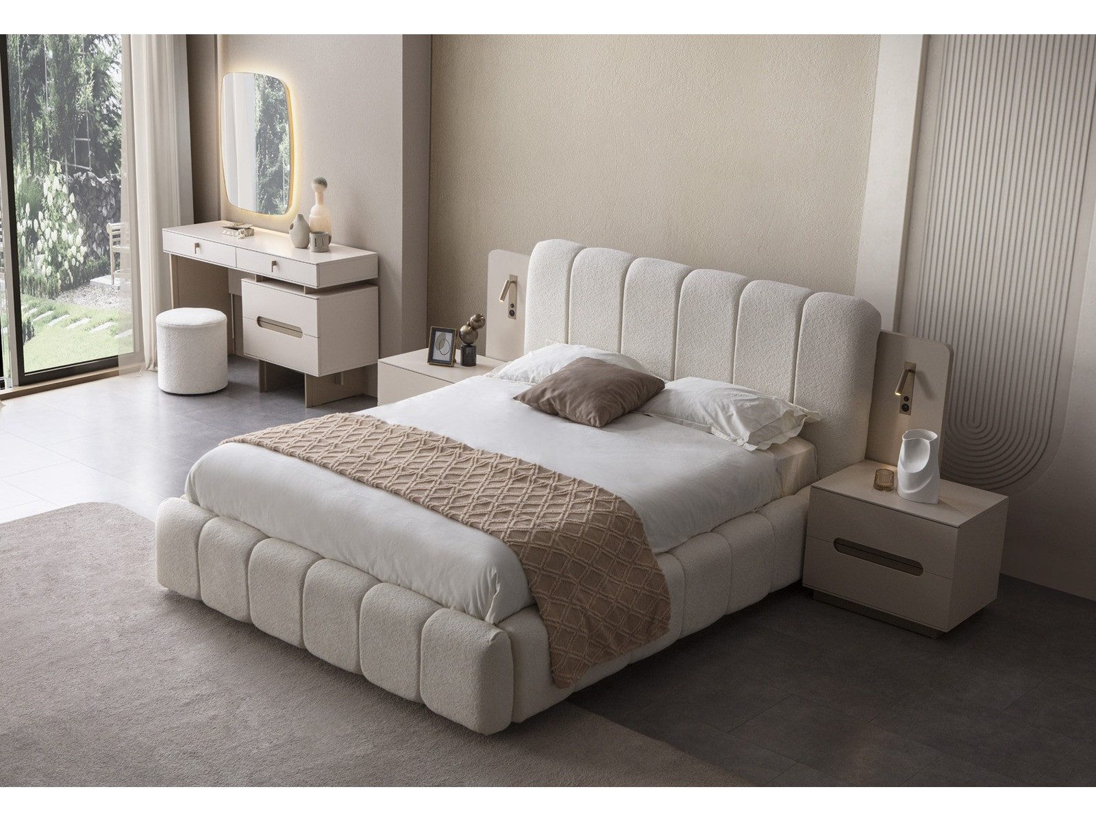 Villa Möbel Schlafzimmer-Set Maldiv, (Schlafzimmer-Set, 5-tlg., Bett mit Kopfteil, 2 Nachttische, Kleiderschrank und Kommode), Bettanlage mit Stoffbezug ruhige Optik pflegeleicht im Alltag