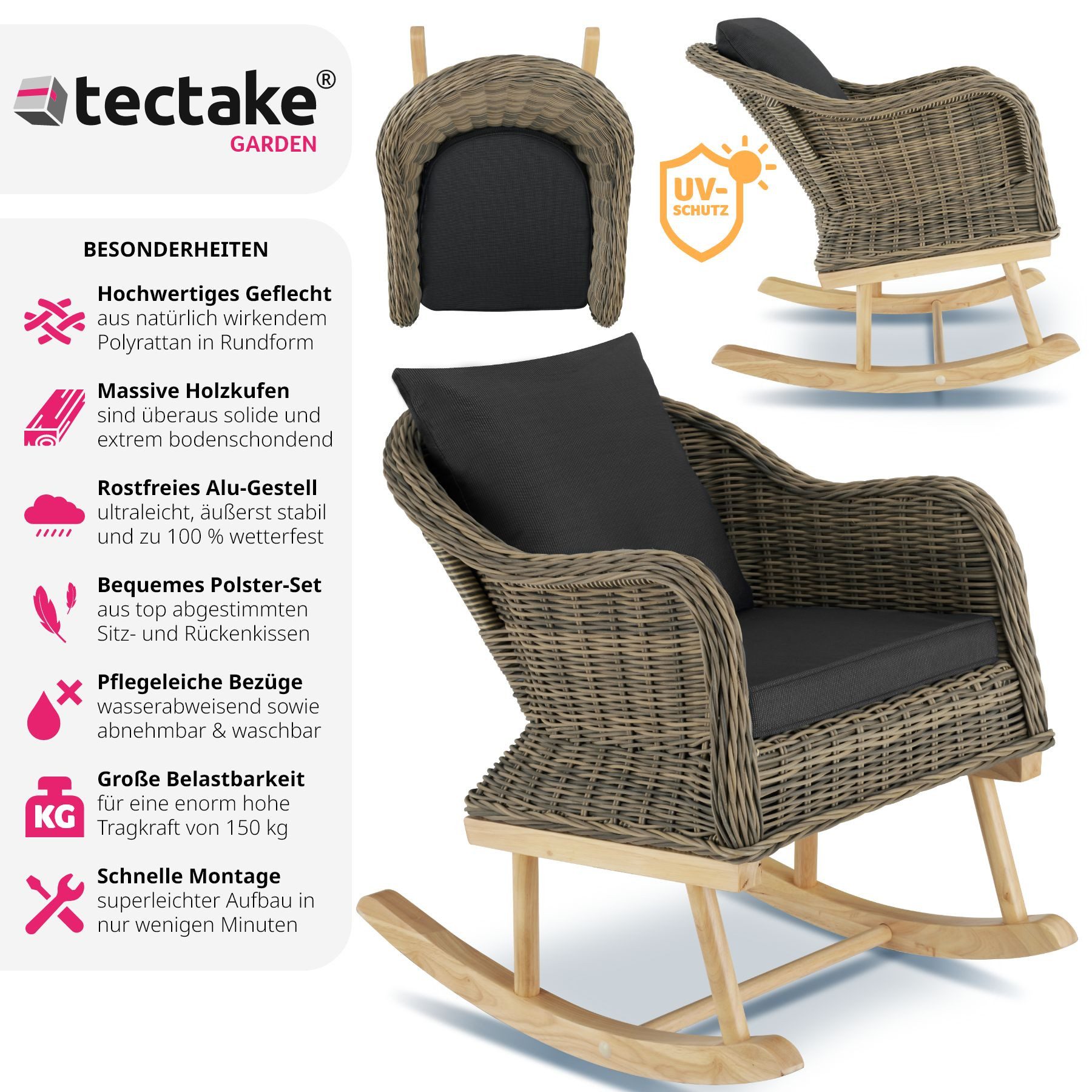 tectake Schaukelstuhl Rattan Schaukelstuhl (1er Set, günstig online kaufen