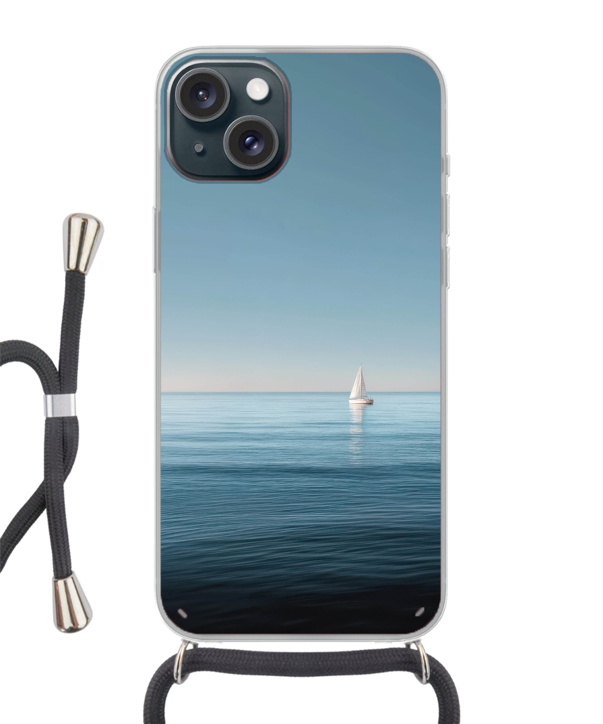 MuchoWow Handyhülle für Apple iPhone 15 Segelboot - Ruhige See - Strahlend blauer Himmel, Tragbare Handyhüllen mit Kette zum umhängen, Handykette Handyband