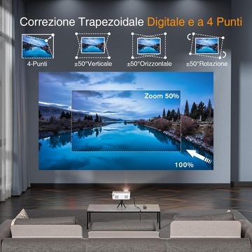 VOPLLS Elektrische Keystone 6D/4P 5G WiFi Bluetooth 4K Heimkino ±50° Zoom Portabler Projektor (17000 lm, 1920*1080 px, Kompatibel mit TV-Box/PS5/iOS/Android-Telefon)