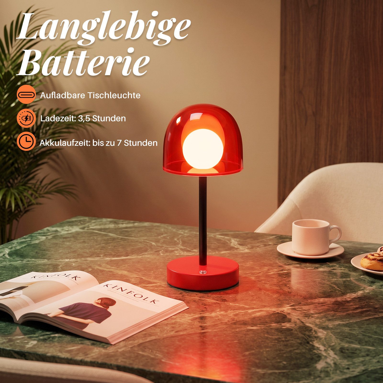 Nettlife LED Tischleuchte kabellos dimmbar Touch 3 Farbtemperaturen Akkubetrieb Nachttischlampe, für Schlafzimmer Wohnzimmer Arbeitszimmer Büros – Bild 4 von 5