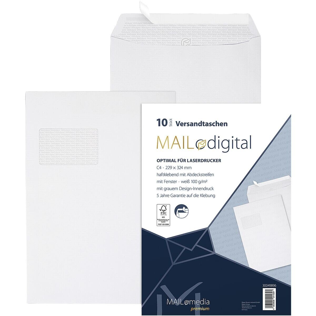 MAILMEDIA Versandtasche Maildigital, DIN C4, mit Fenster, Haftklebung, laserbedruckbar