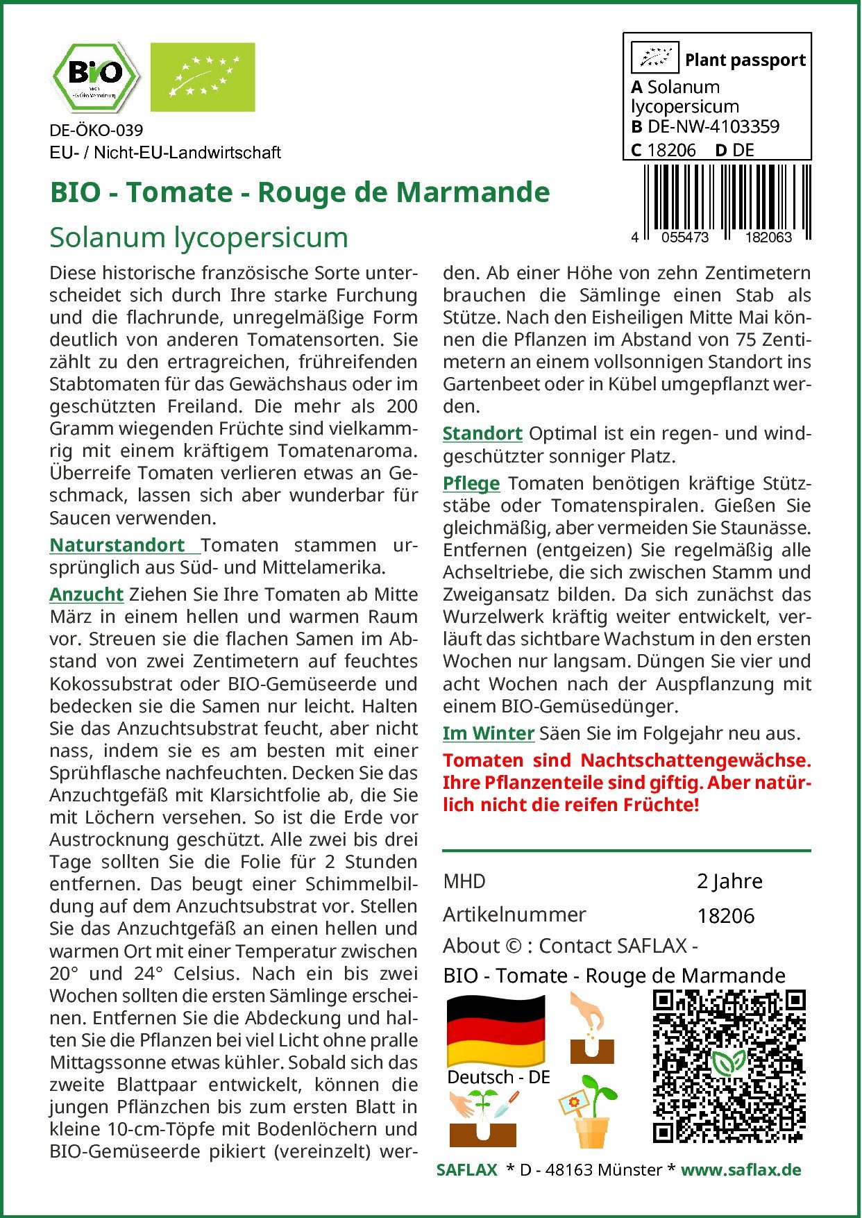SAFLAX Gemüsesamen SAFLAX - Samen und Substrat - BIO - Tomate - Rouge de Marmande