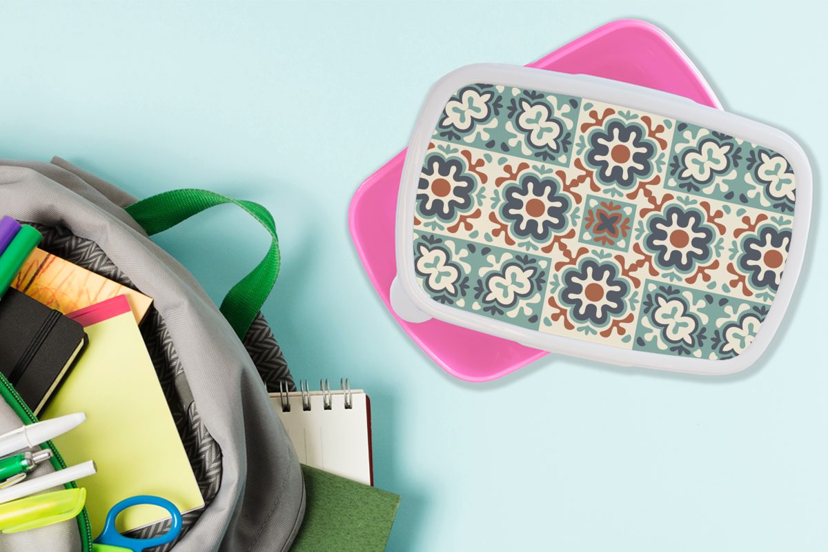Brotdose MuchoWow - Lunchbox Ornament Kunststoff für Kinder, (2-tlg), Brotbox - Muster, Kunststoff, rosa Erwachsene, Mädchen, Snackbox, Blume