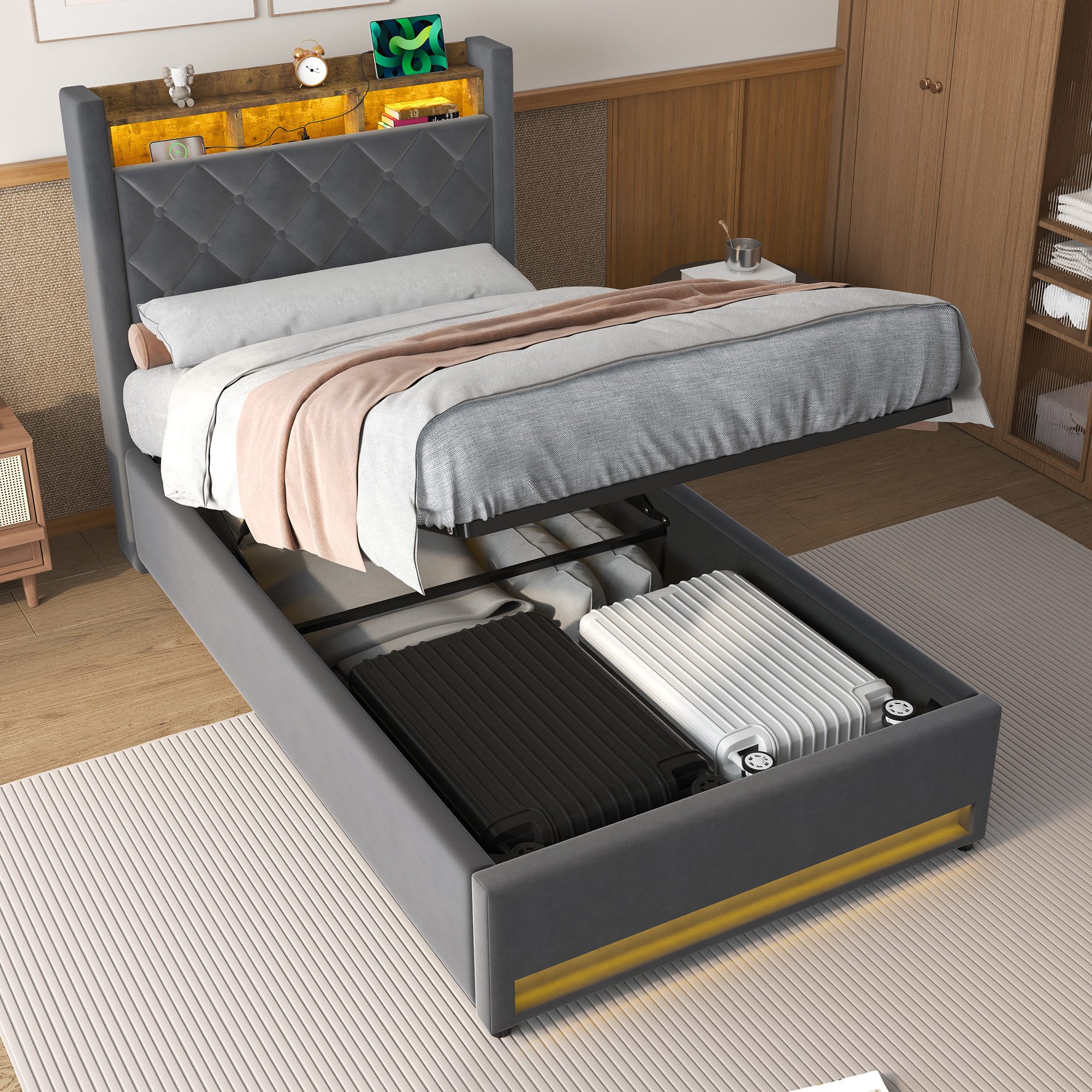 MODFU Polsterbett Funktionsbett Stauraumbett Gästebett (Stilvolles Polsterbett Dunkelgrau aus hochwertigem holländischen Samt mit hochelastischem Schaumstoff, 1-tlg., 90*200), Mit LED-Lichtleiste und USB-Aufladung