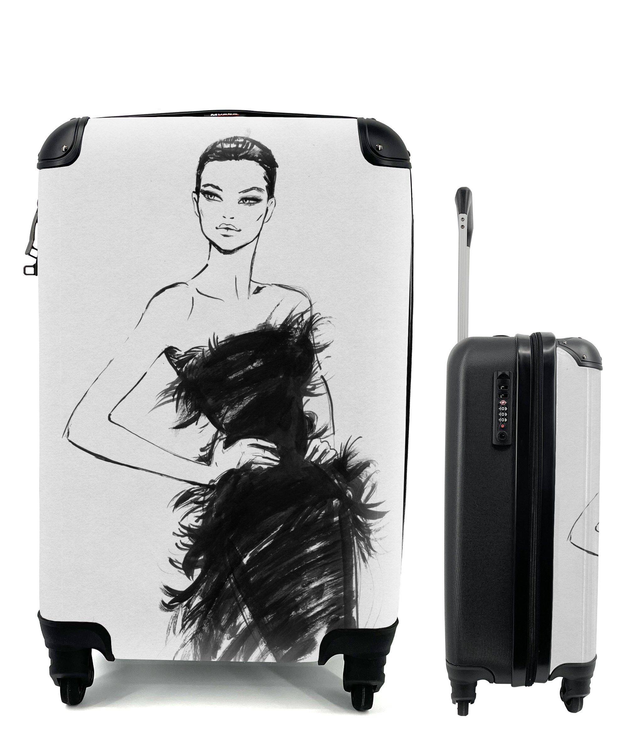 MuchoWow Handgepäckkoffer Eine schwarz-weiße Illustration einer Frau, 4 Rollen, Reisetasche mit rollen, Handgepäck für Ferien, Trolley, Reisekoffer