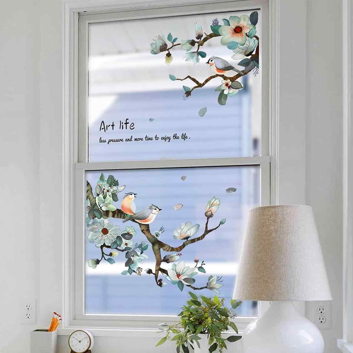 Vögel Fensterbild auf Fensteraufkleber,Fensterbild Juoungle set 2 Kirschblütenzweigen