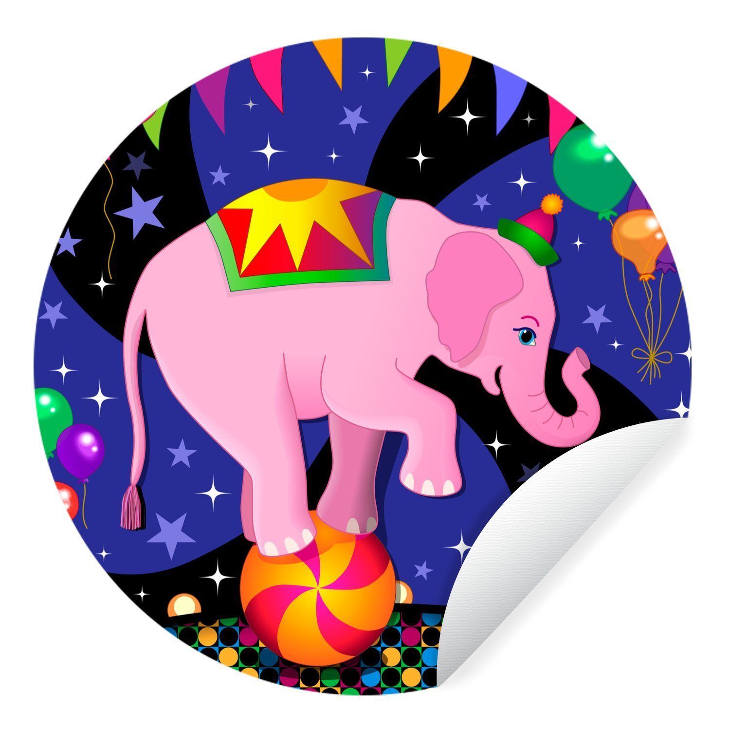 MuchoWow Wandsticker Eine Vektor-Illustration von einem Baby-Elefanten im Zirkus (1 St), Tapetenkreis für Kinderzimmer, Tapetenaufkleber, Rund, Wohnzimmer