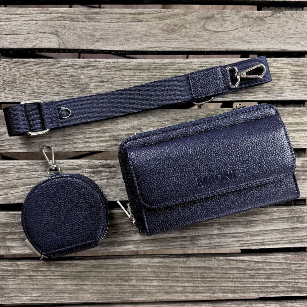 MAONI Geldbörse Geldbörse und Handytasche zum Umhängen - Schwarz (Packung, Handytasche zum Umhängen, einfarbiger Taschengurt, Münztasche), Vegan, Taschengurt auswechselbar, mit Handyfach