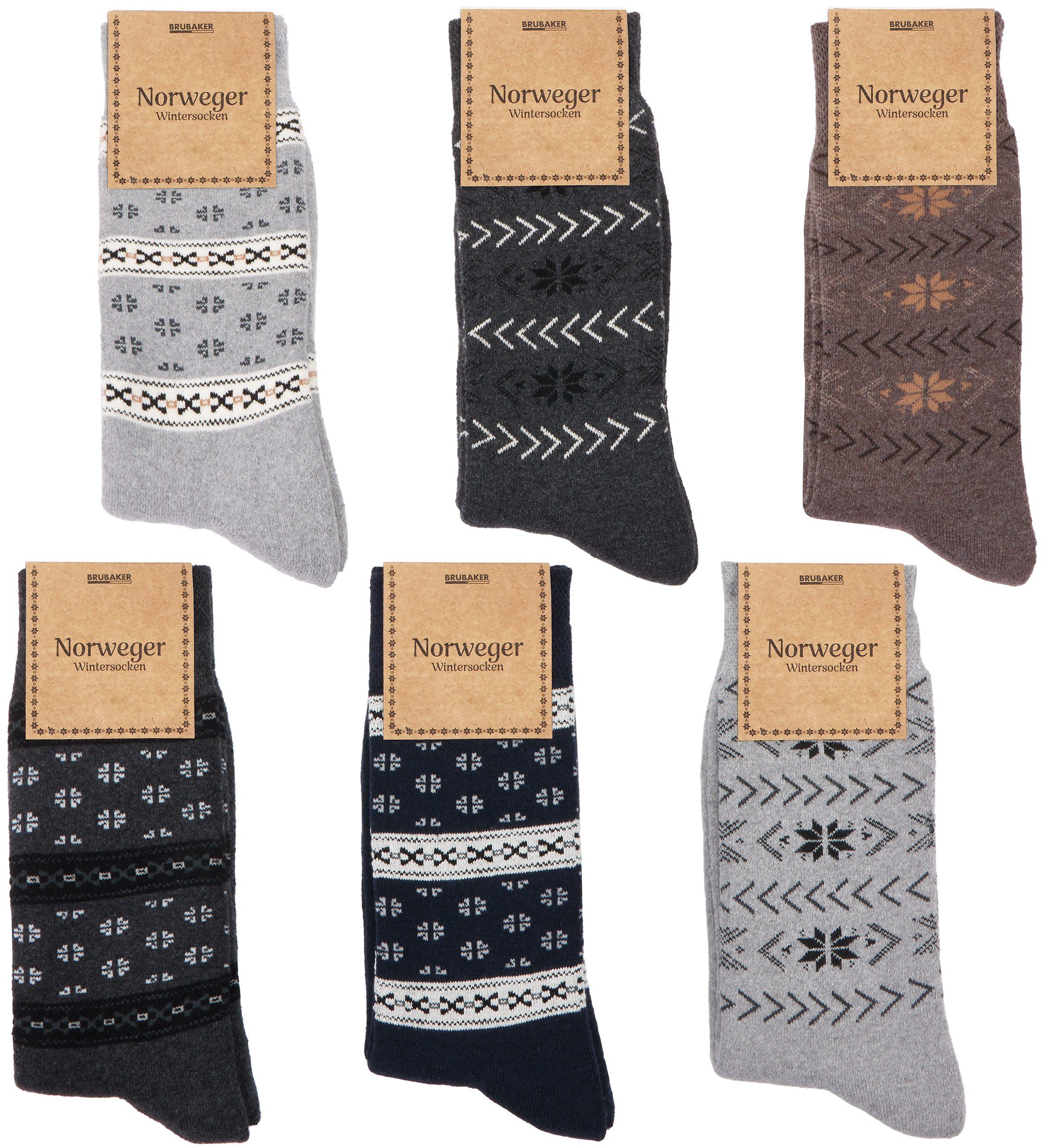 und - für Grau, Innenfrottee) 6-Paar, weich und (Farbmix Norweger Unisex BRUBAKER Norwegersocken Braun, und Thermosocken warm Wintersocken Herren Damen Norwegersocken extra Socken mit Blau