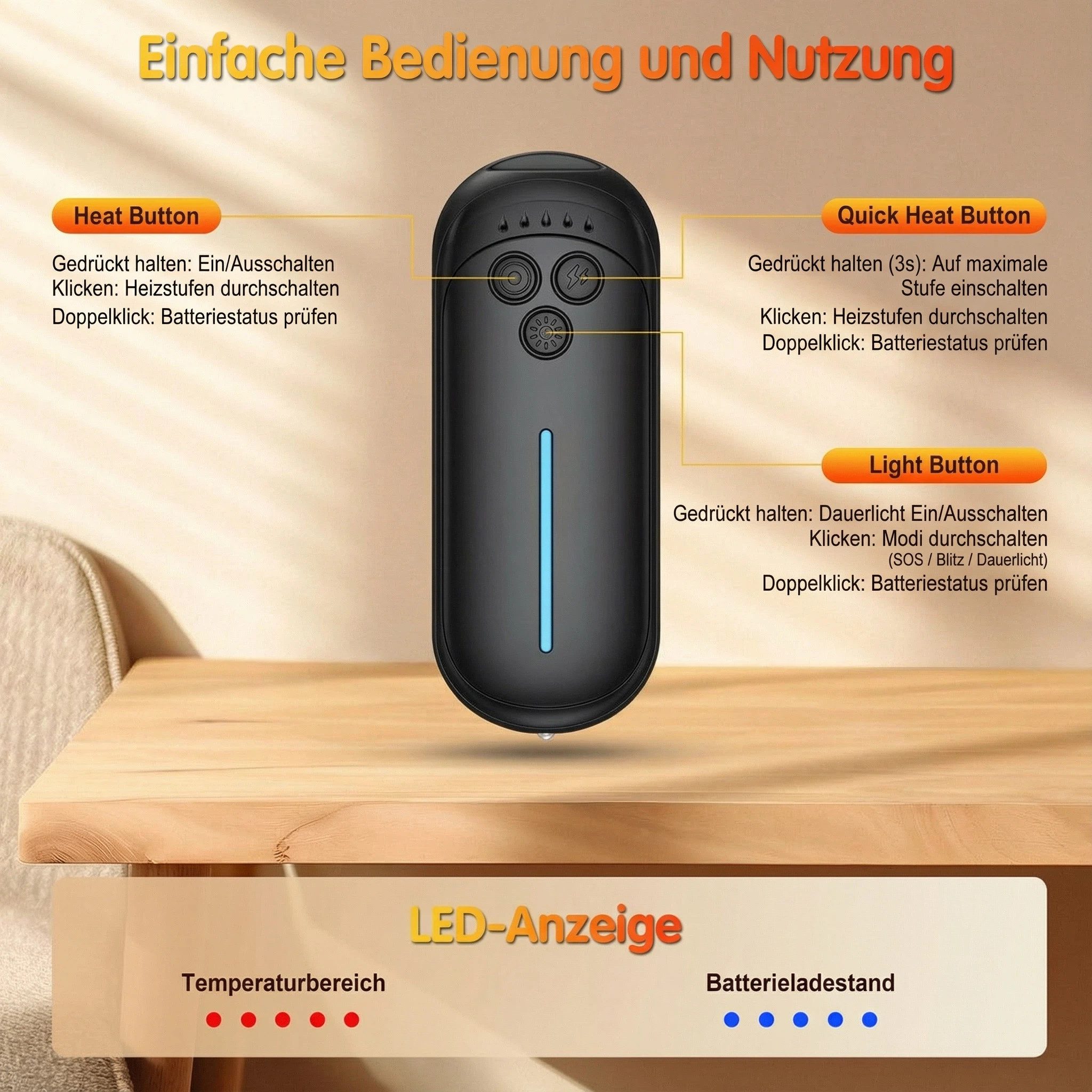 Kityhome Handwärmer Elektrische Handwärmer mit LED, 2er Set- 3000 mAh, 12h Wärme für Kälte, 2x elektrischer Handwärmer, 1x USB-Ladekabel, Sofortige & anpassbare Wärme, 2-in-1 Design & Komfort