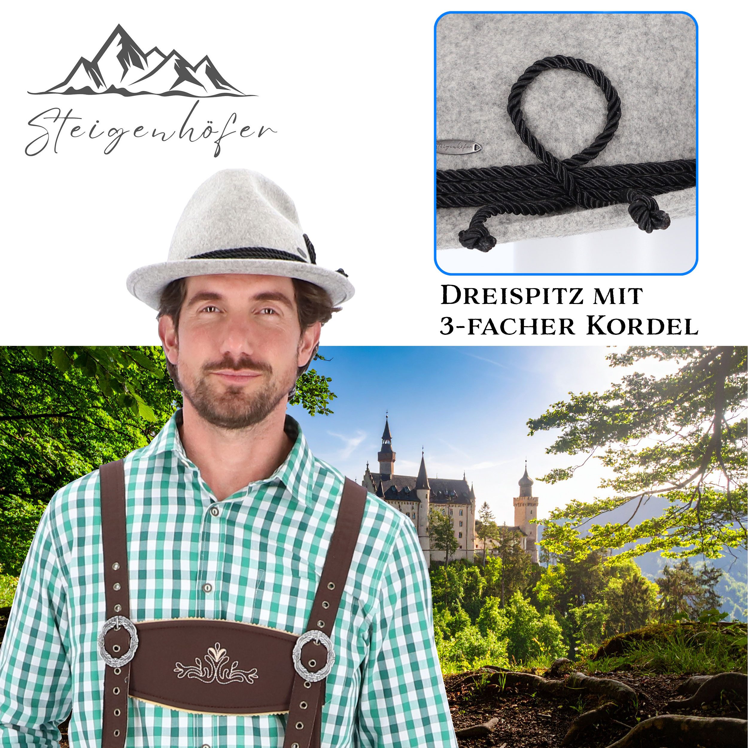 Steigenhöfer Manufaktur Trachtenhut Herren JAKOB - bayrischer Wanderhut Dreispitz aus 100% Schurwolle Größenverstellbar und integriertes Schweißband, Ideal fürs – Bild 3 von 5