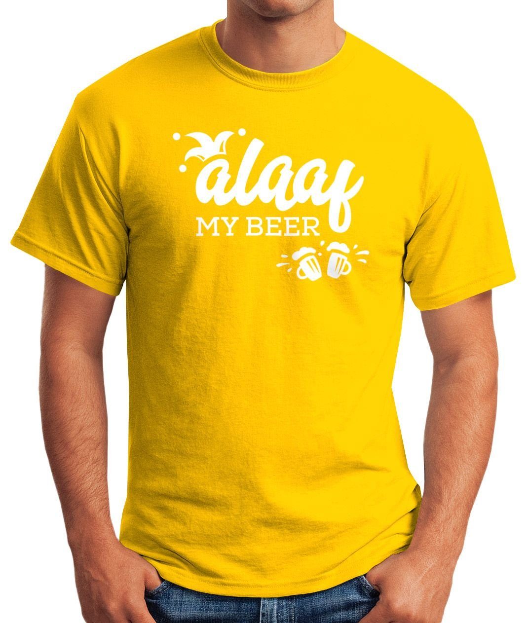 MoonWorks Print-Shirt Herren T-Shirt gelb Fasching Print lustig Wortspiel Alaaf My beer Moonworks® mit Fastnacht Faschings-Shirt Karneval Fun-Shirt Verkleidung Kostüm
