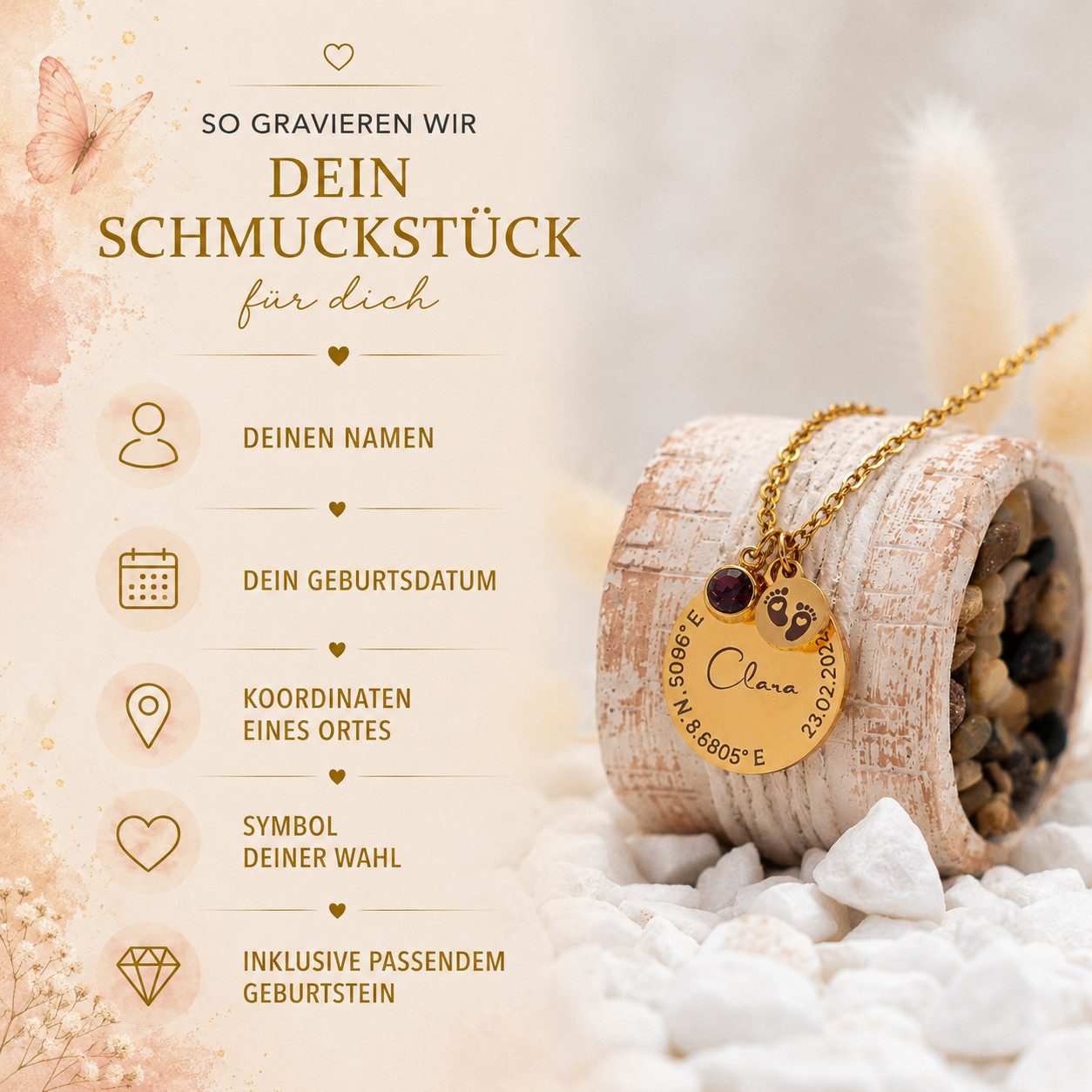 BS Schmuckdesign Kette mit Anhänger mit Gravur Personalisierte Halskette Damen Gravur Geburtsstein Koordinaten (inkl. Gravur), vollständig personalisierbar inkl. Geschenkbox
