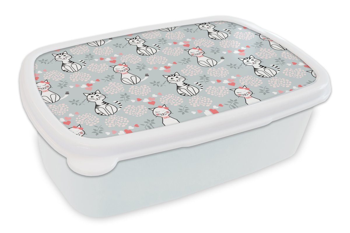 MuchoWow Lunchbox Muster - Katze - Herz - Mädchen - Kinder - Mädchen, Kunststoff, (2-tlg), Brotbox für Kinder und Erwachsene, Brotdose, für Jungs und Mädchen weiß