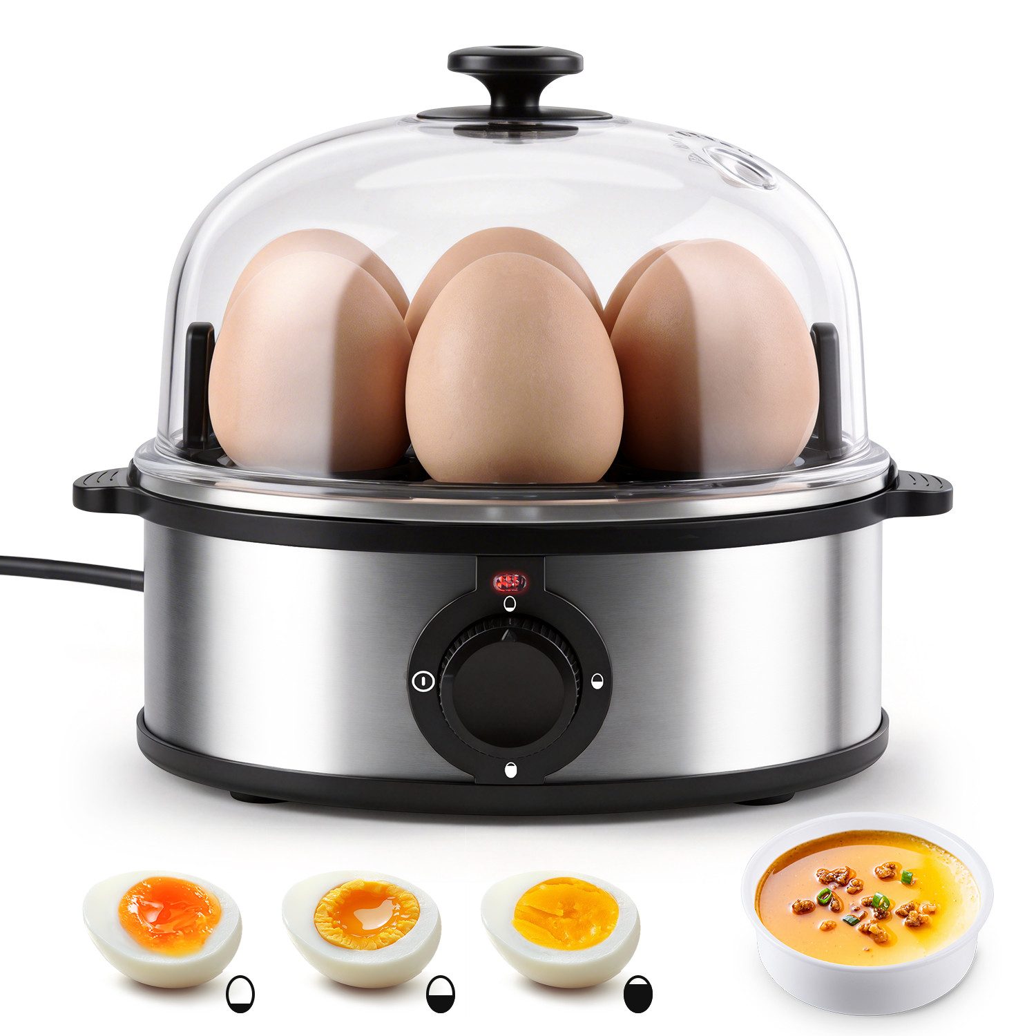 CkeyiN Pro Eierkocher 7 Eier,aus Edelstahl,3 Härtegrade,Spülmaschinenfest (Zubehör), Anzahl Eier: 7 St., 360 W, mit akkustischem Signal,Messbecher, Eierhalter,Omlettschale