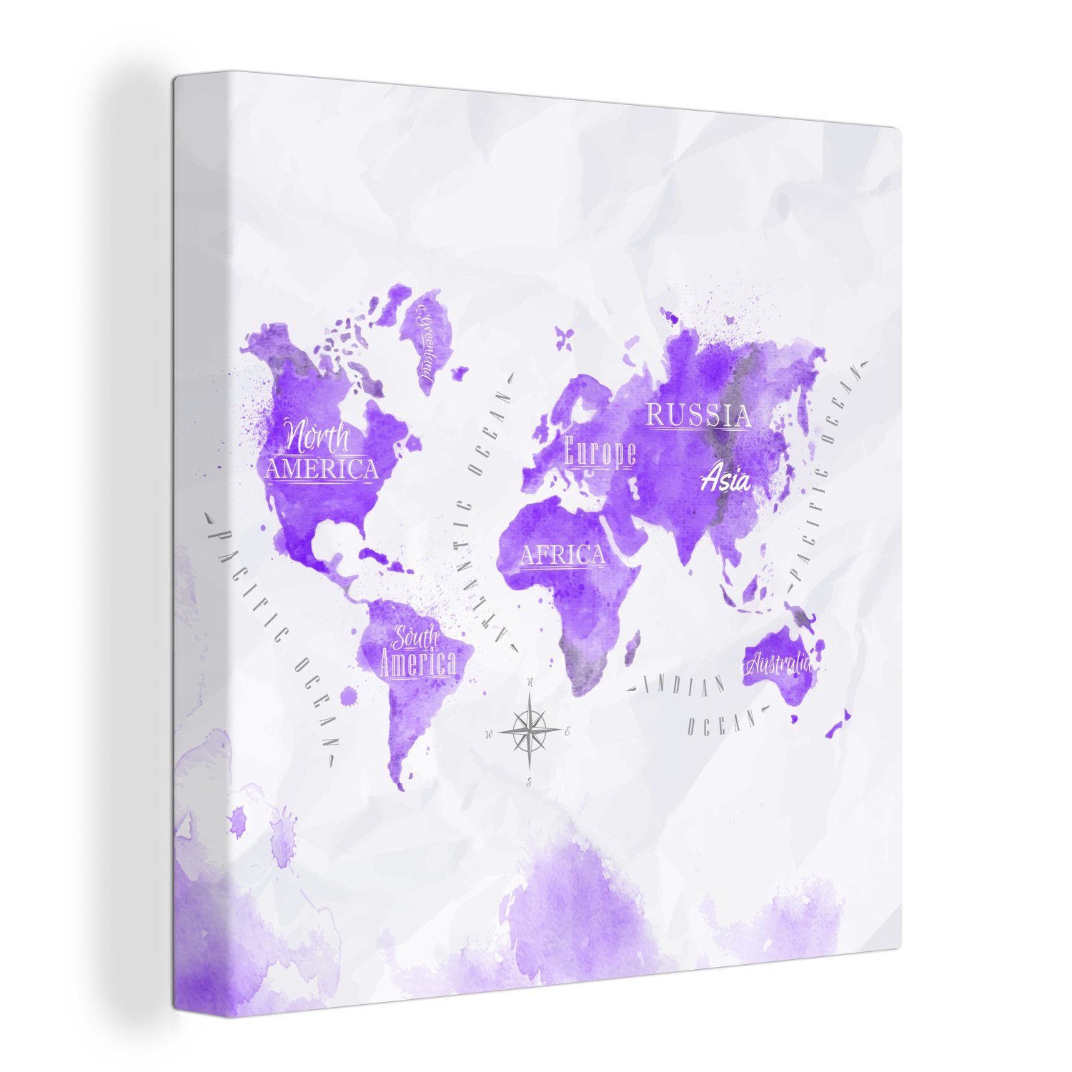 OneMillionCanvasses® Leinwandbild Weltkarten - Ölfarbe - Violett, (1 St), Leinwand Bilder für Wohnzimmer Schlafzimmer
